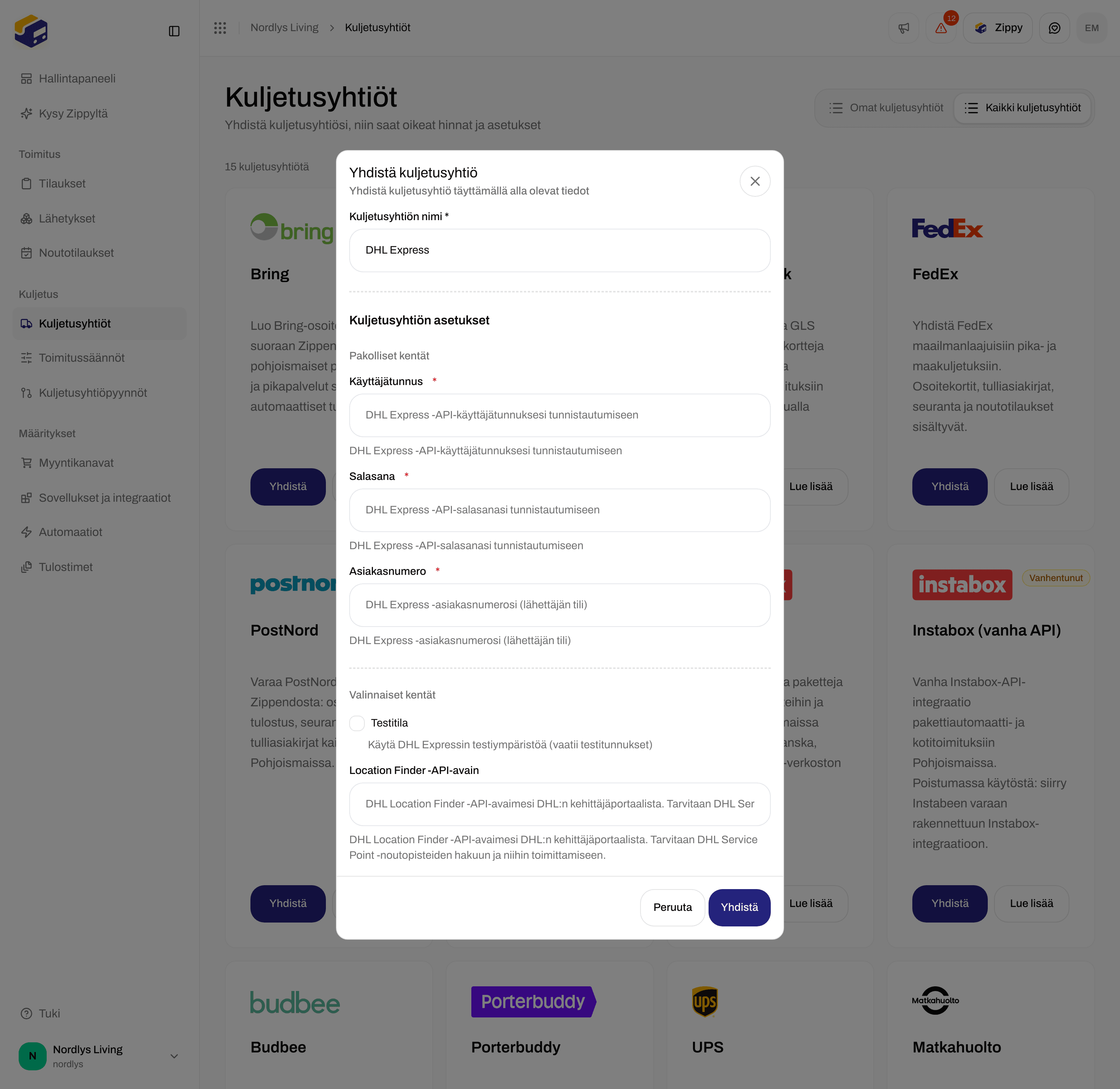 DHL Expressin yhdistämislomake vieritettynä kohtaan Testitila ja Location Finder -API-avain