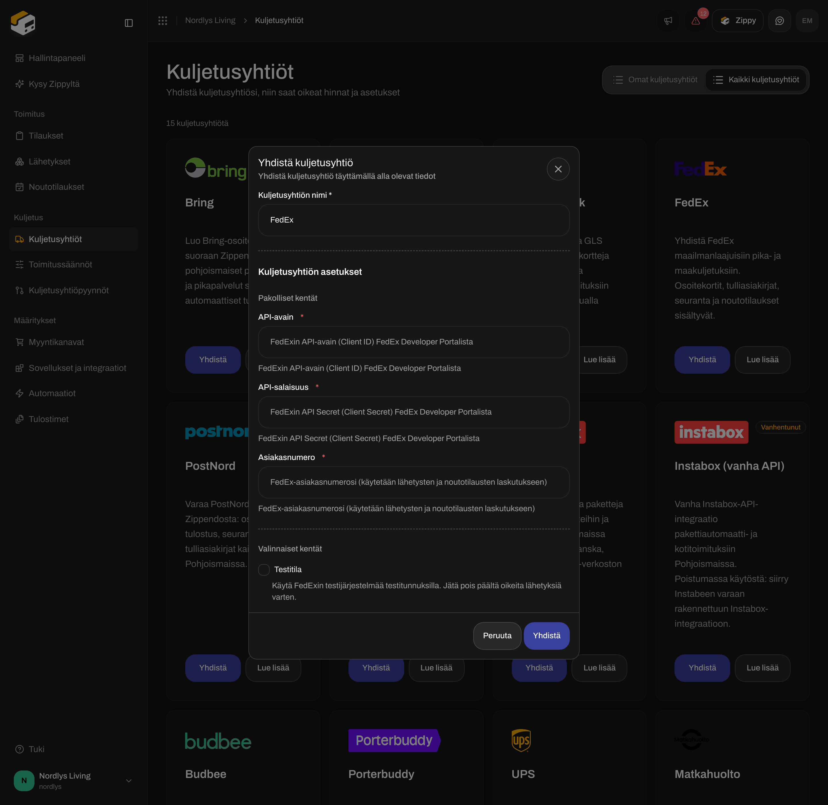 FedExin Yhdistä kuljetusyhtiö -ikkuna, jossa pakolliset API-avain, API secret ja Account number