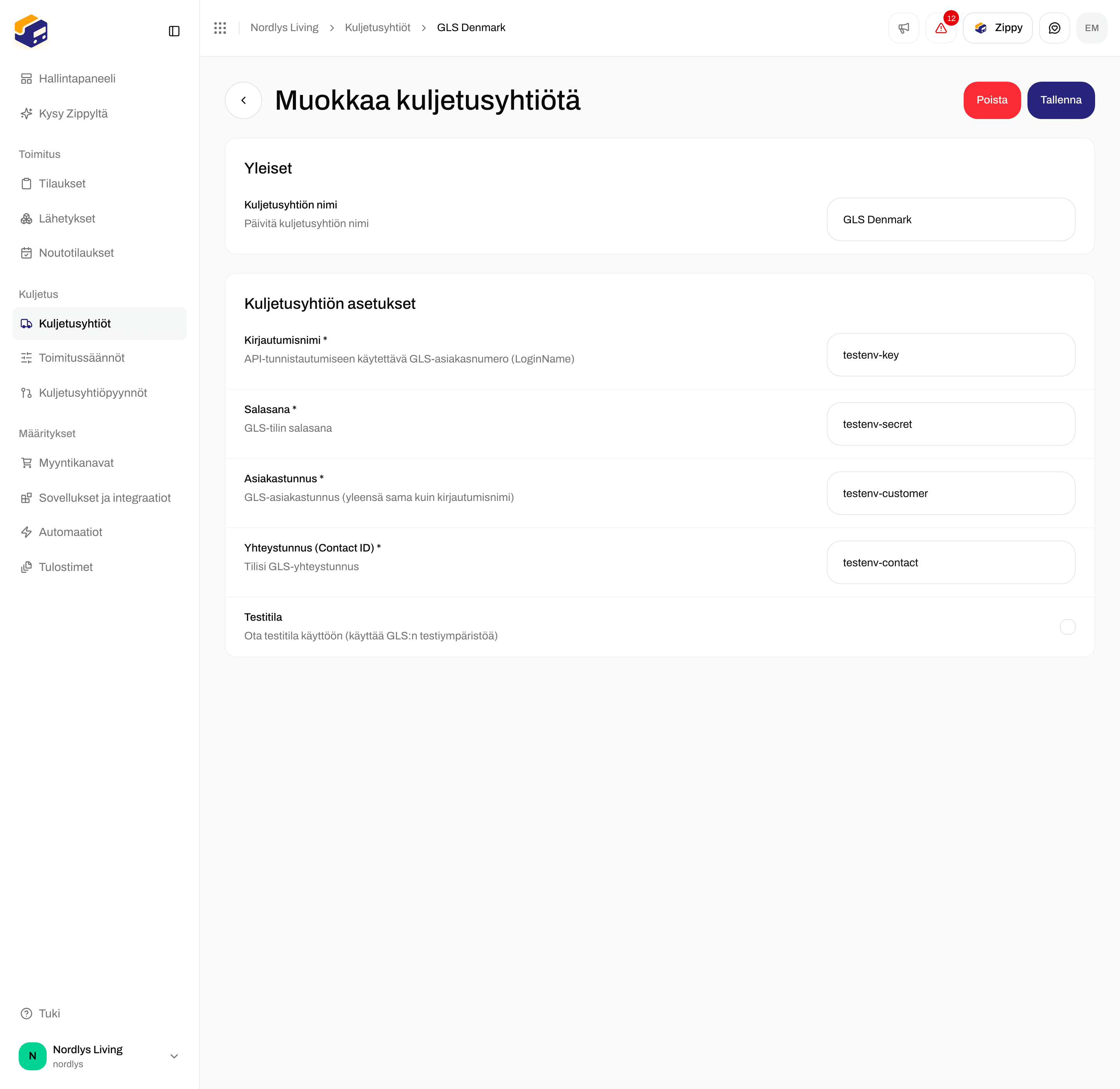 Muokkaa kuljetusyhtiötä GLS Denmarkille, jossa on Login name, Salasana, Customer ID, Contact ID ja Testitila