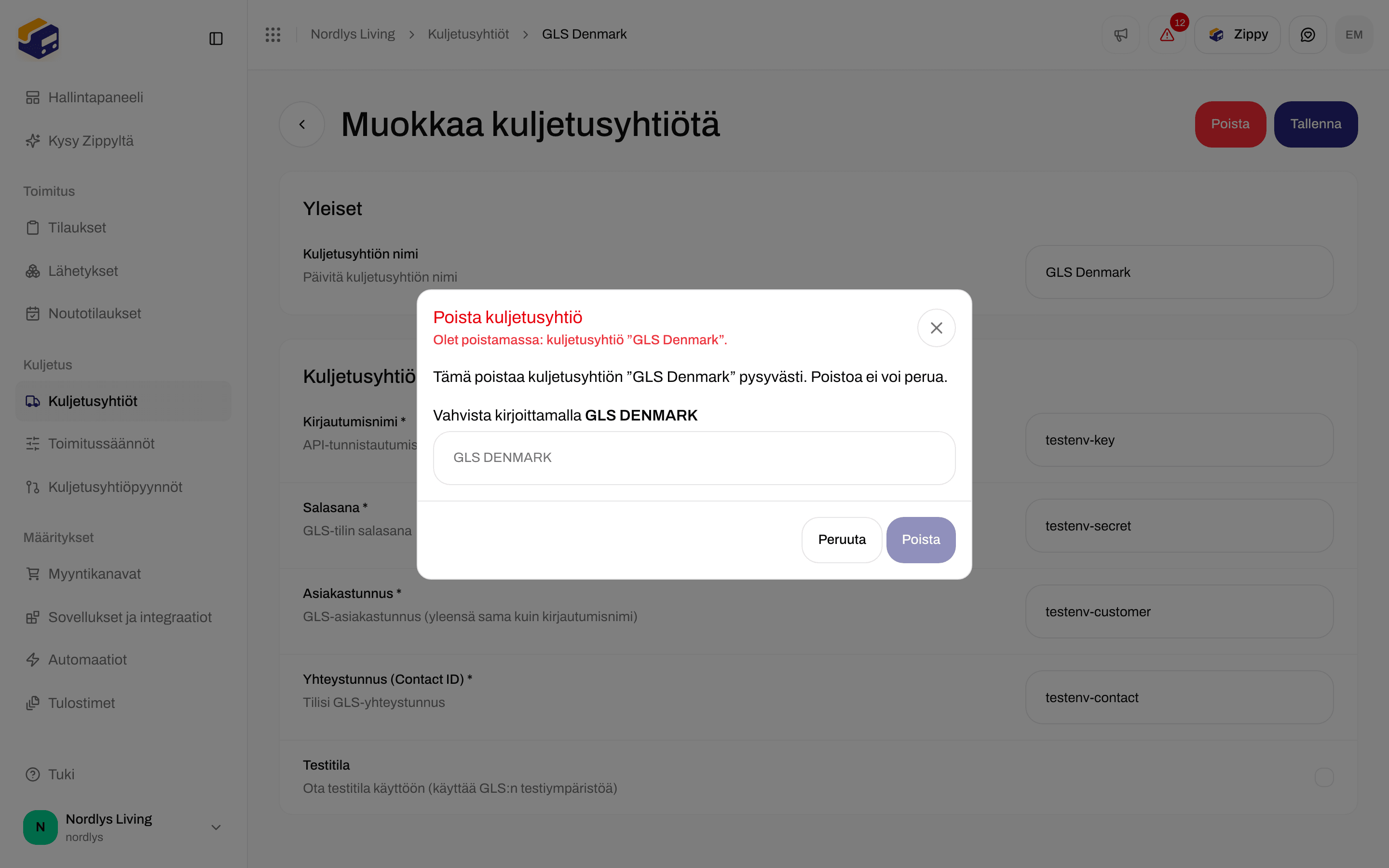 Poista kuljetusyhtiö -ikkuna, joka pyytää kirjoittamaan GLS Denmarkin nimen isoilla kirjaimilla