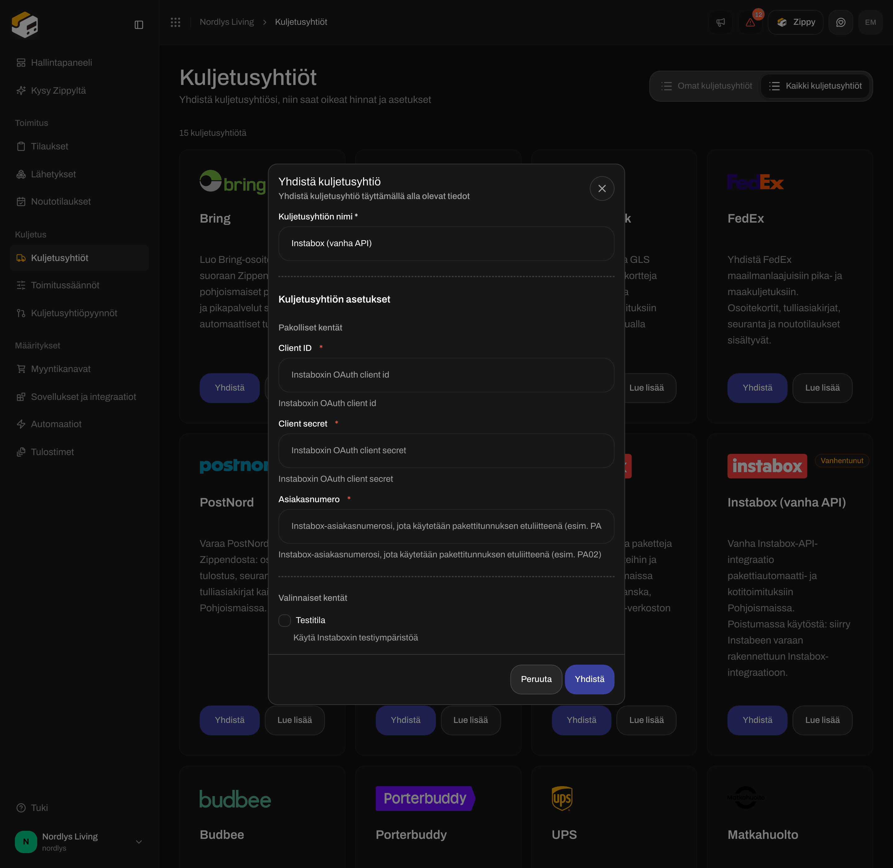 Yhdistä kuljetusyhtiö -ikkuna Instabox Legacy API:lle, jossa on Client ID, Client secret ja Customer number