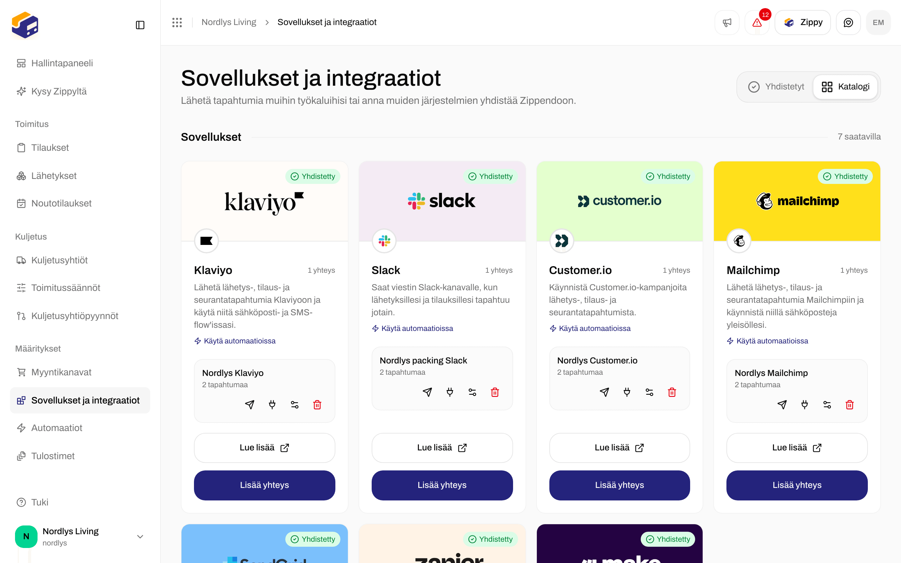 Katalogi, jossa Klaviyo-kortti ja sen painikkeet Käytä automaatioissa, Lue lisää ja Yhdistä