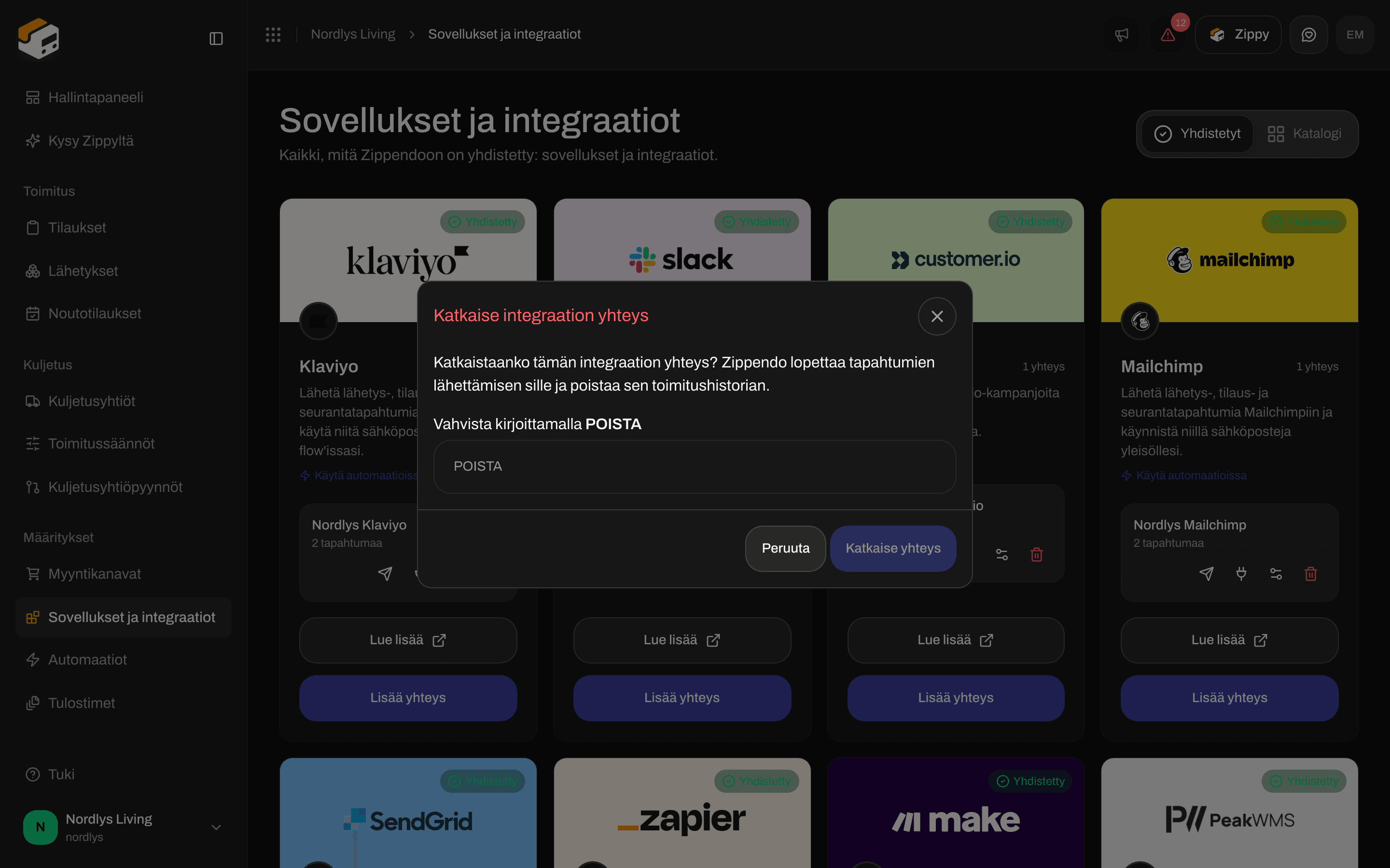 Katkaise integraation yhteys -ikkuna, joka pyytää kirjoittamaan DELETE