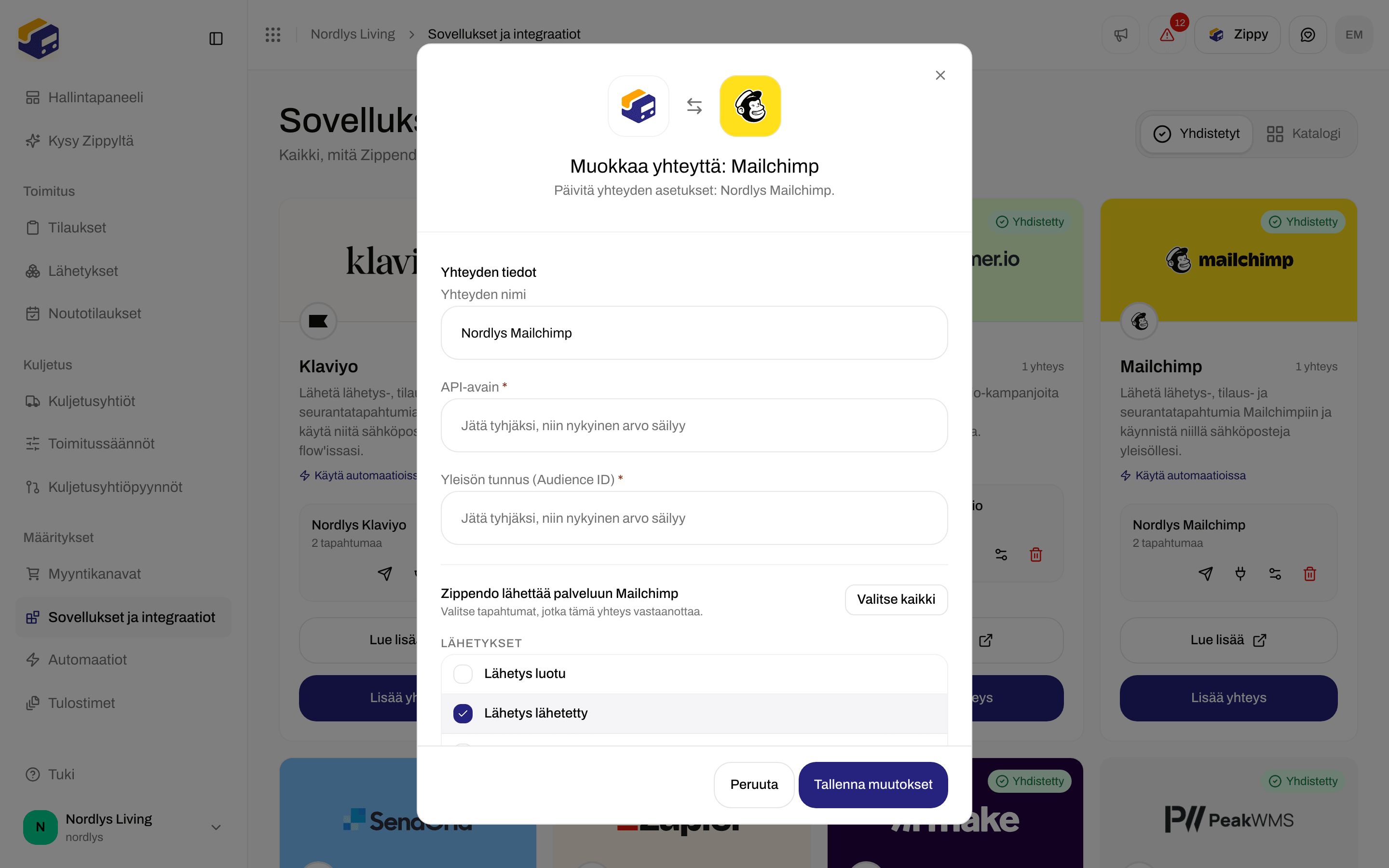 Mailchimp-yhteyden muokkausikkuna, jossa yhteyden nimi, tyhjät API-avain- ja Audience ID -kentät sekä tapahtumat