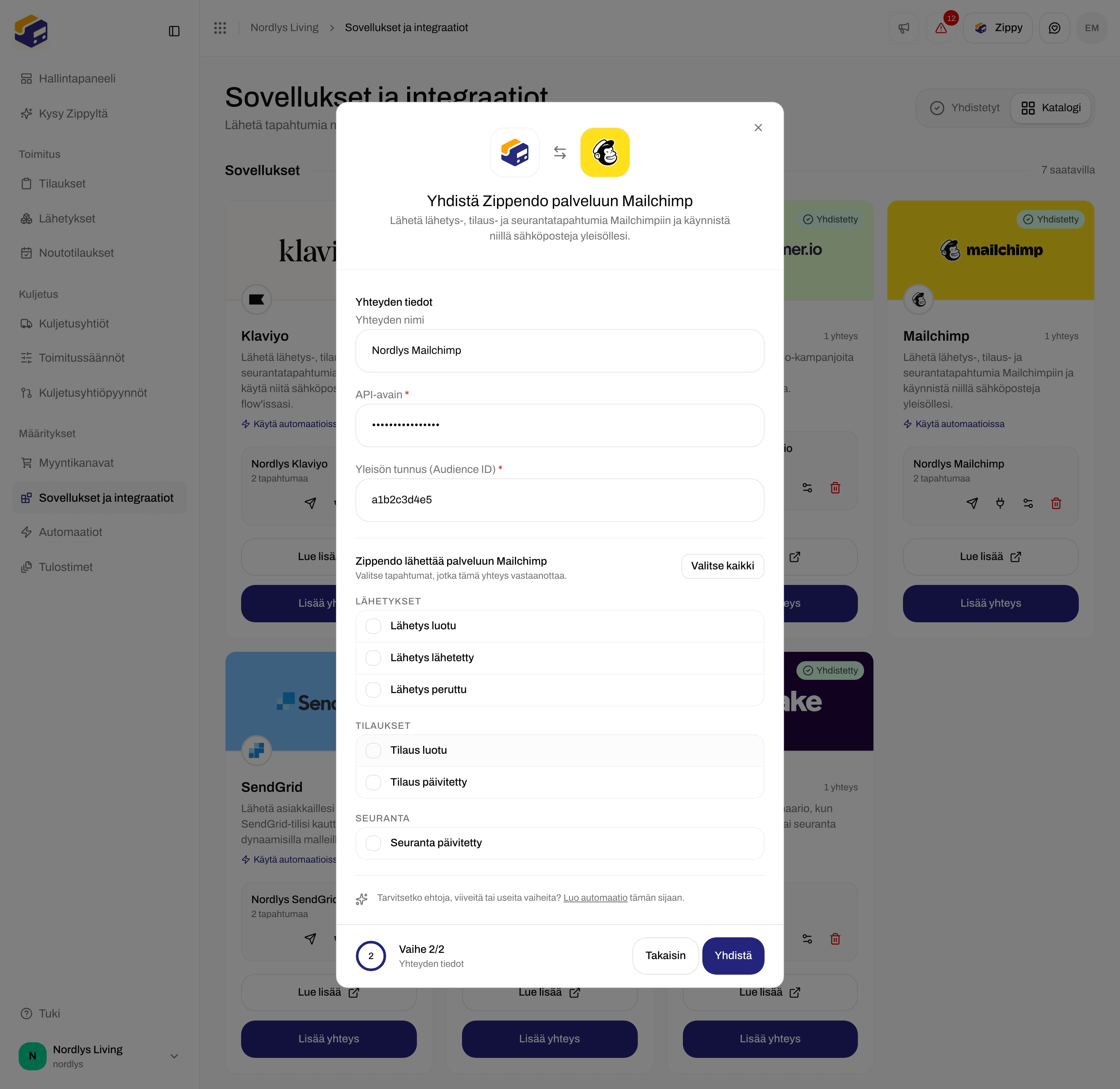 Mailchimpin yhteysikkuna vieritettynä tilaus- ja seurantatapahtumien valintaruutuihin