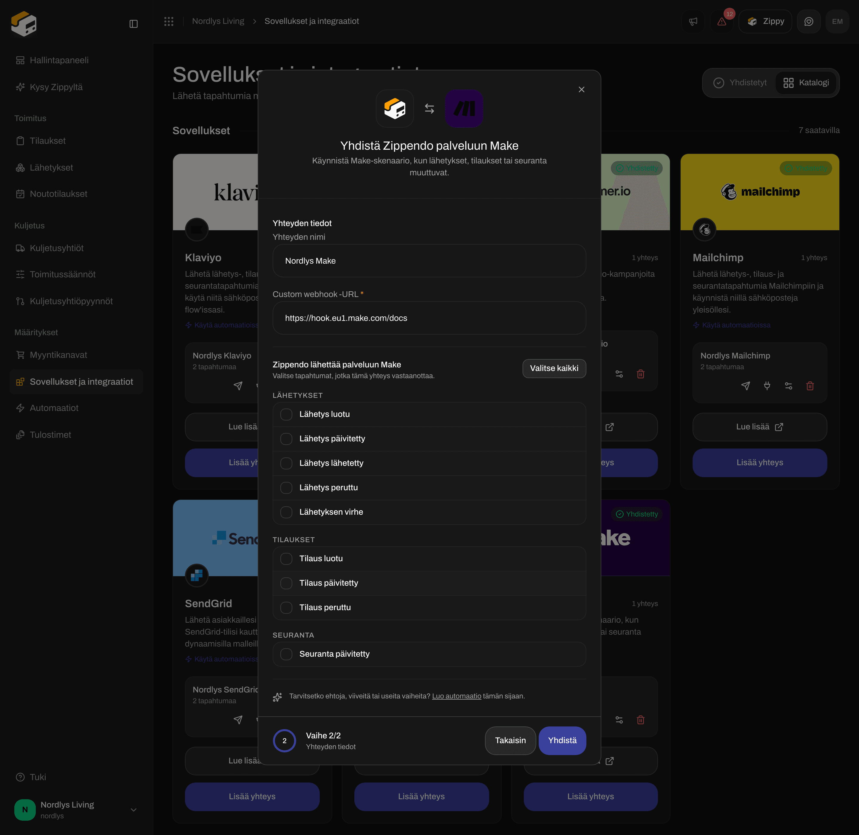 Maken yhteysikkuna, jossa yhteyden nimi, Custom webhook -URL ja tapahtumien valintaruudut