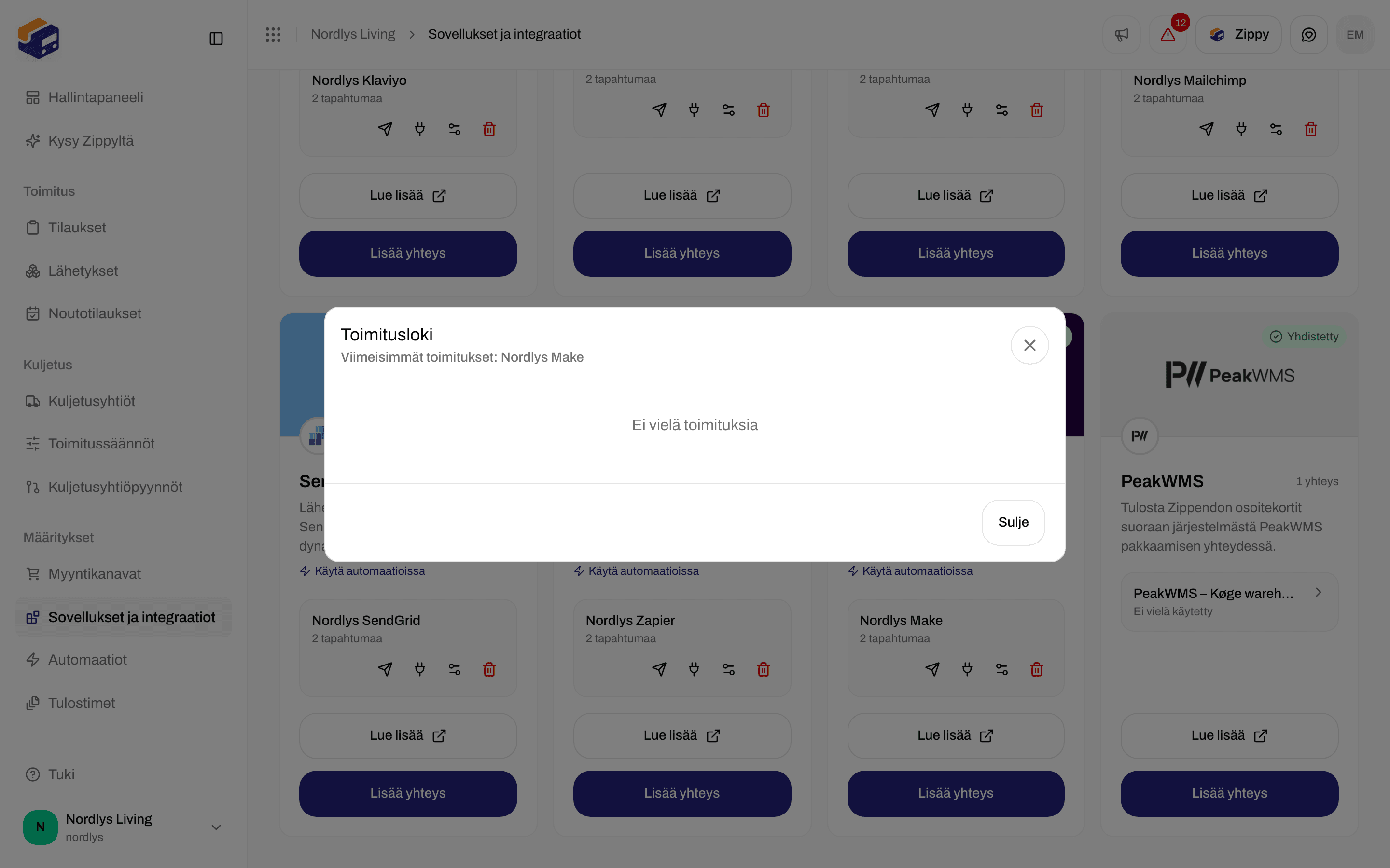 Make-yhteyden toimitusloki-ikkuna, jossa lukee Ei vielä toimituksia