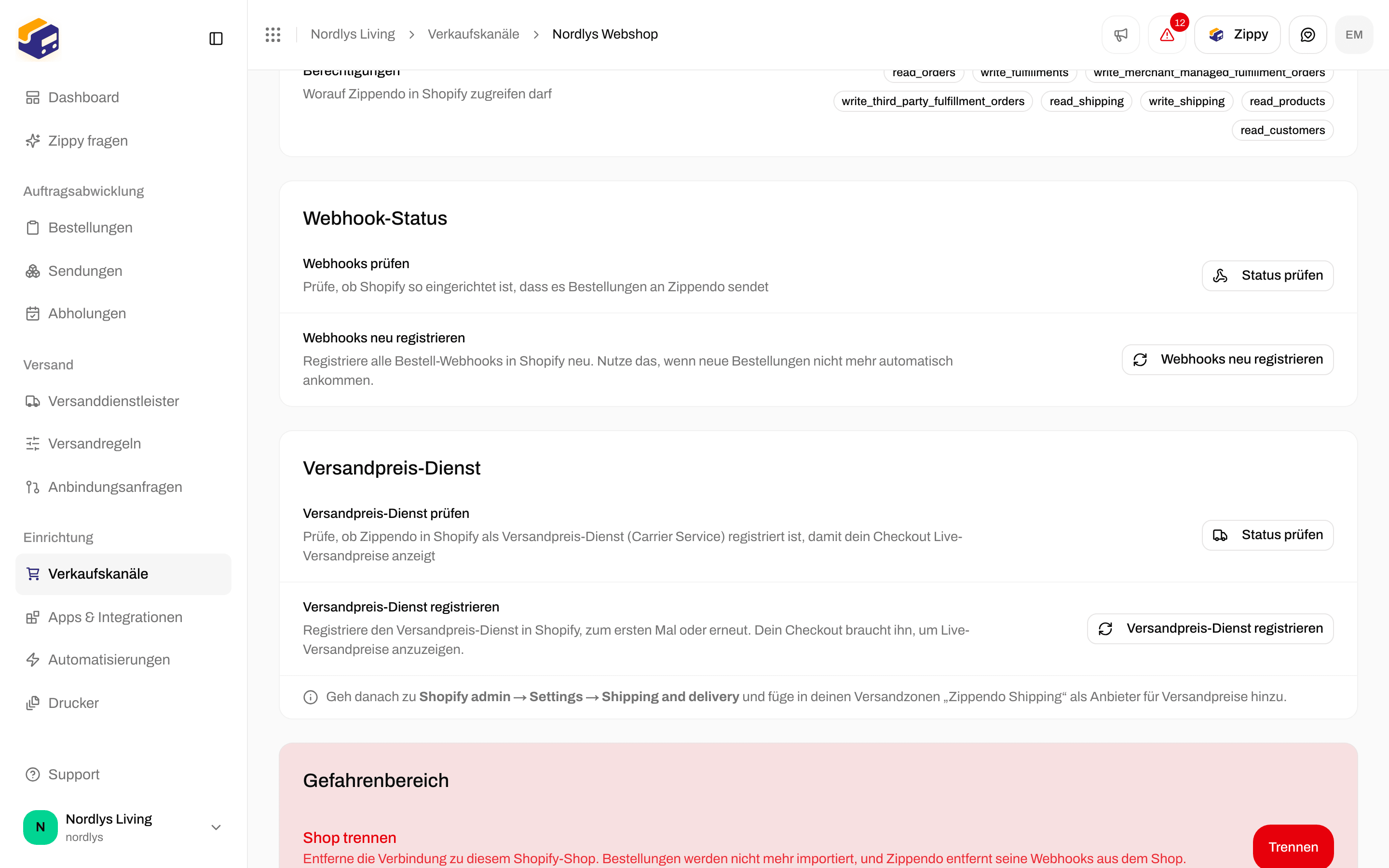 Gefahrenbereich mit Shop trennen und dem Button Trennen bei einem Shopify-Kanal