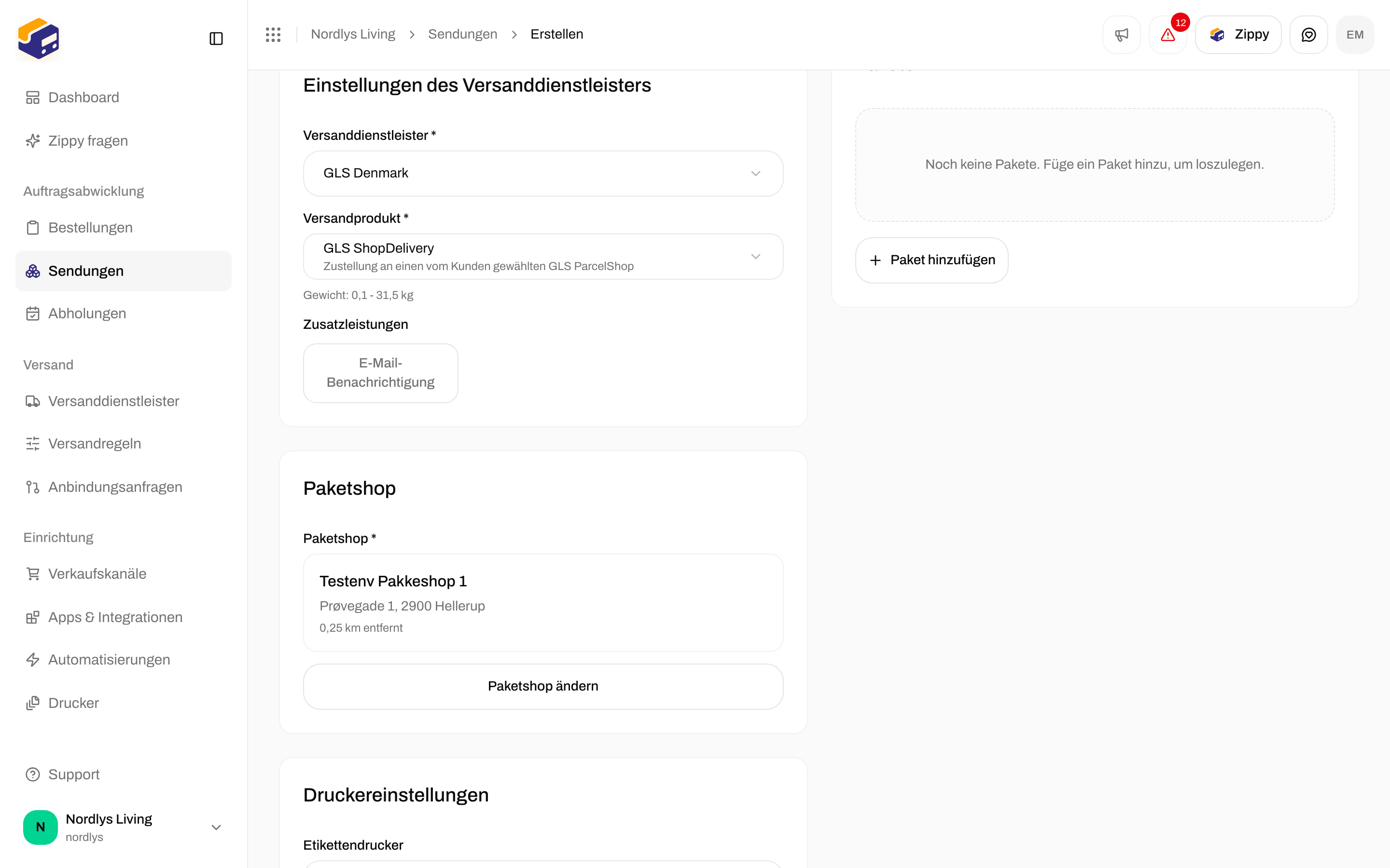 Karte Paketshop mit Name, Adresse und Entfernung des gewählten Paketshops sowie Paketshop ändern