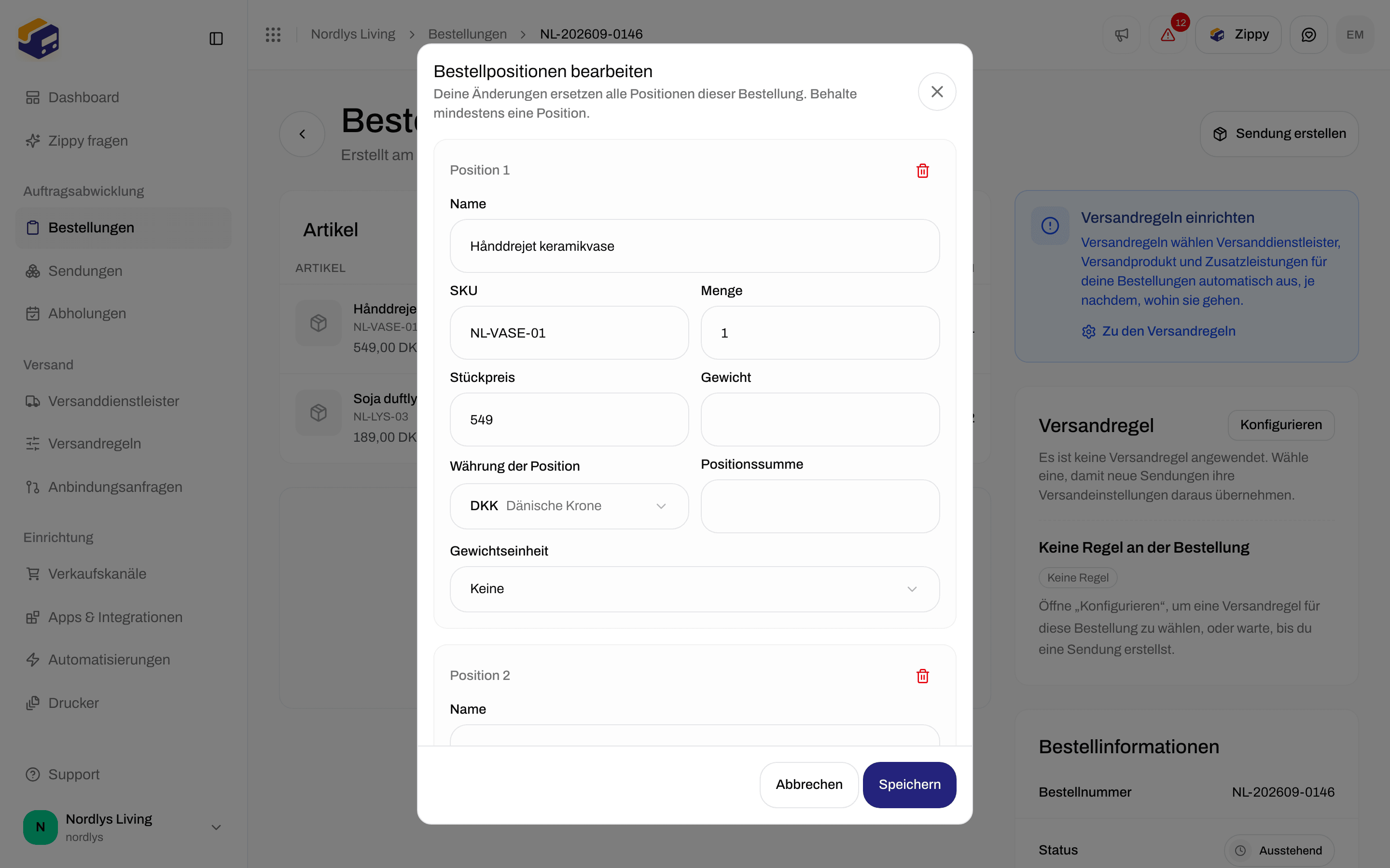 Fenster Bestellpositionen bearbeiten mit Name, SKU, Menge, Stückpreis, Gewicht, Währung der Position, Positionssumme, Gewichtseinheit und Position hinzufügen
