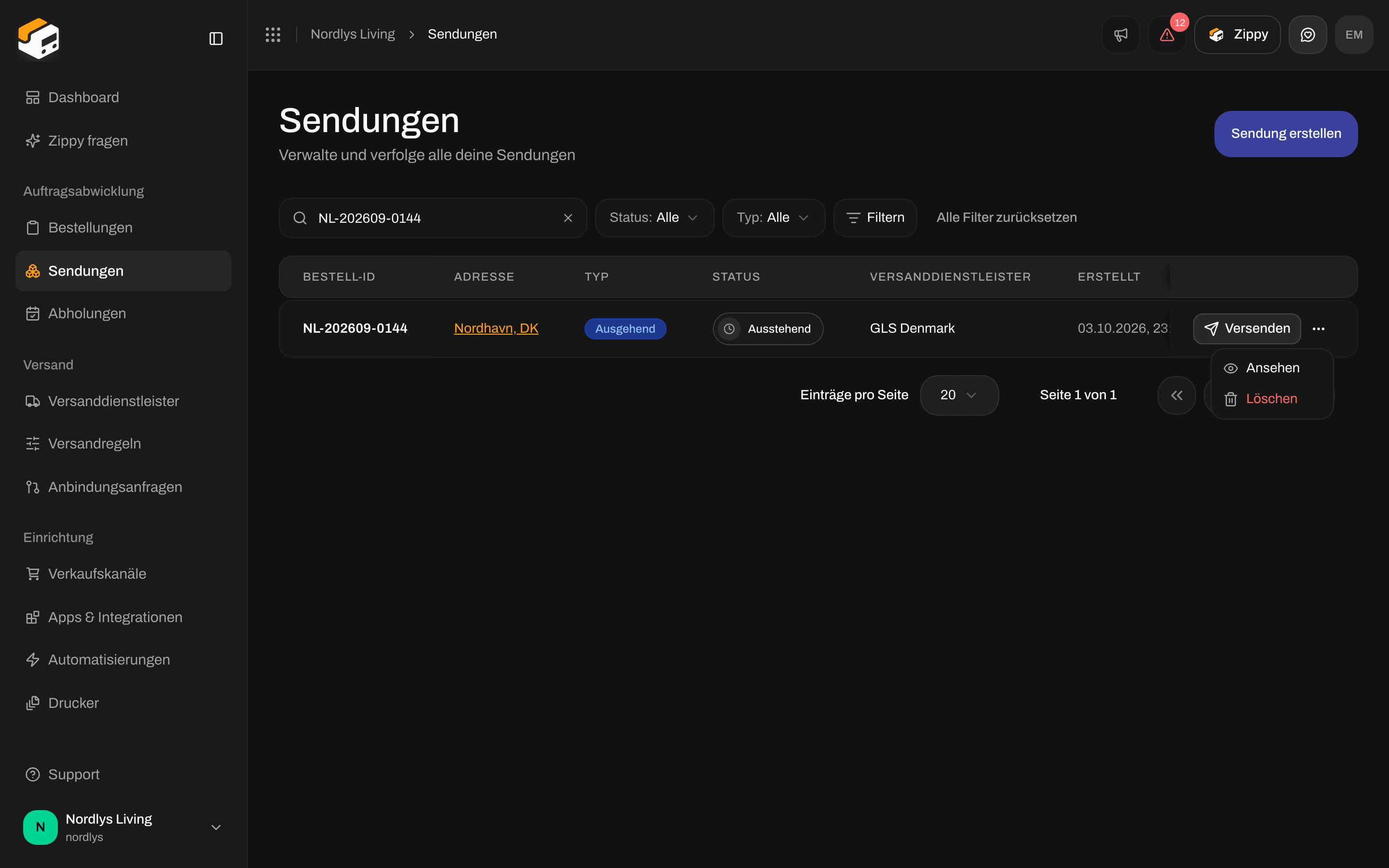 Zeilenmenü der Sendungsliste mit Ansehen und Löschen