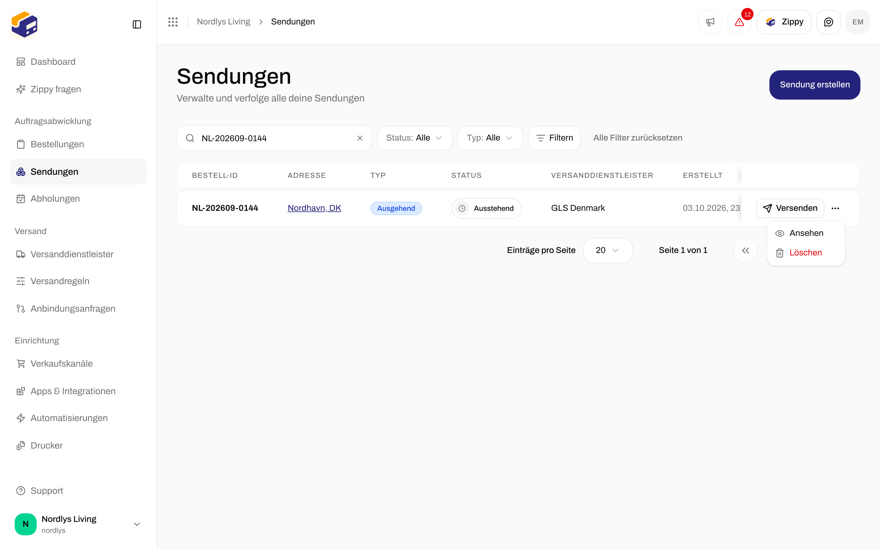 Zeilenmenü der Sendungsliste mit Ansehen und Löschen
