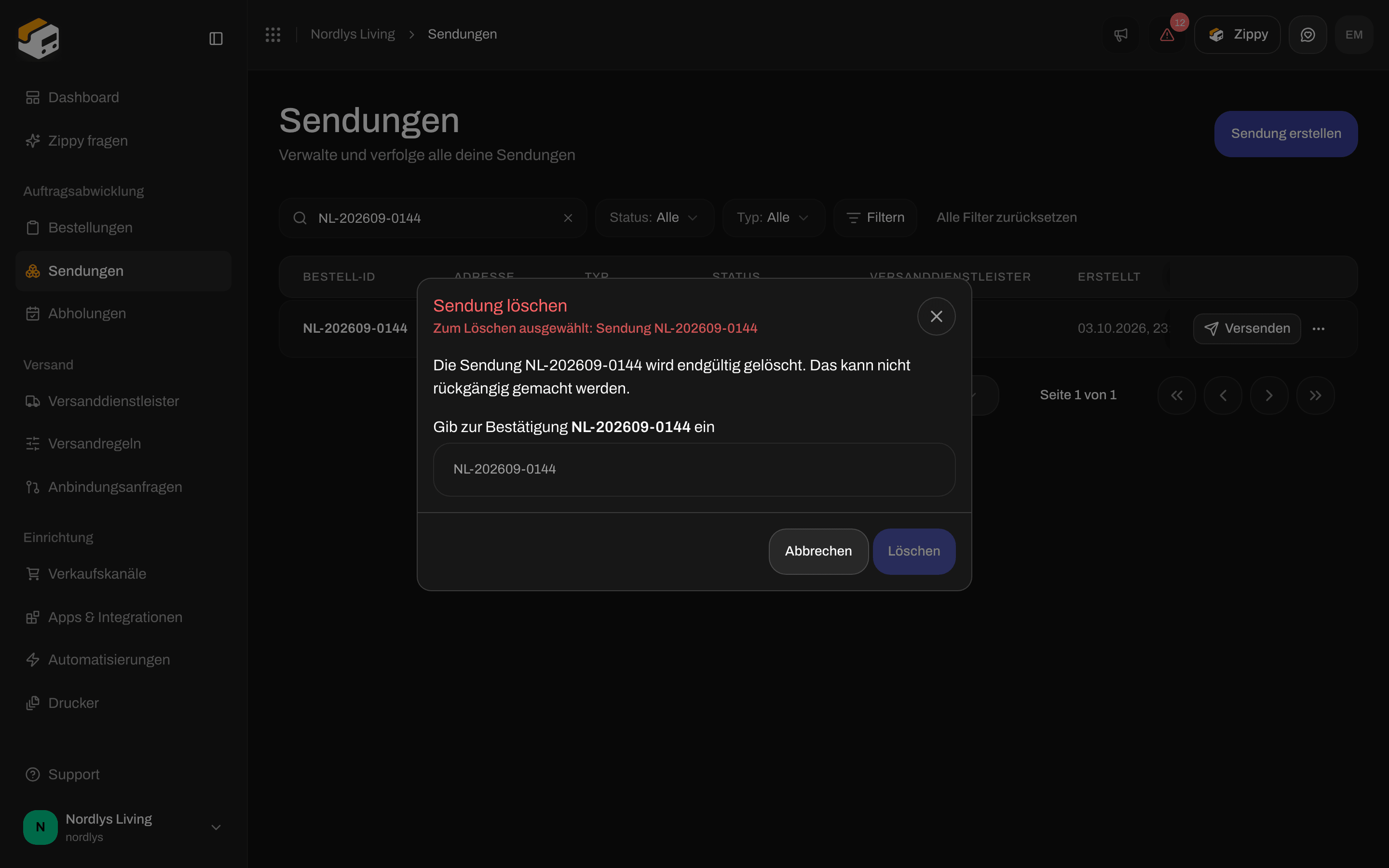 Bestätigung zum Löschen der Sendung mit der Aufforderung, die Referenz der Sendung einzugeben