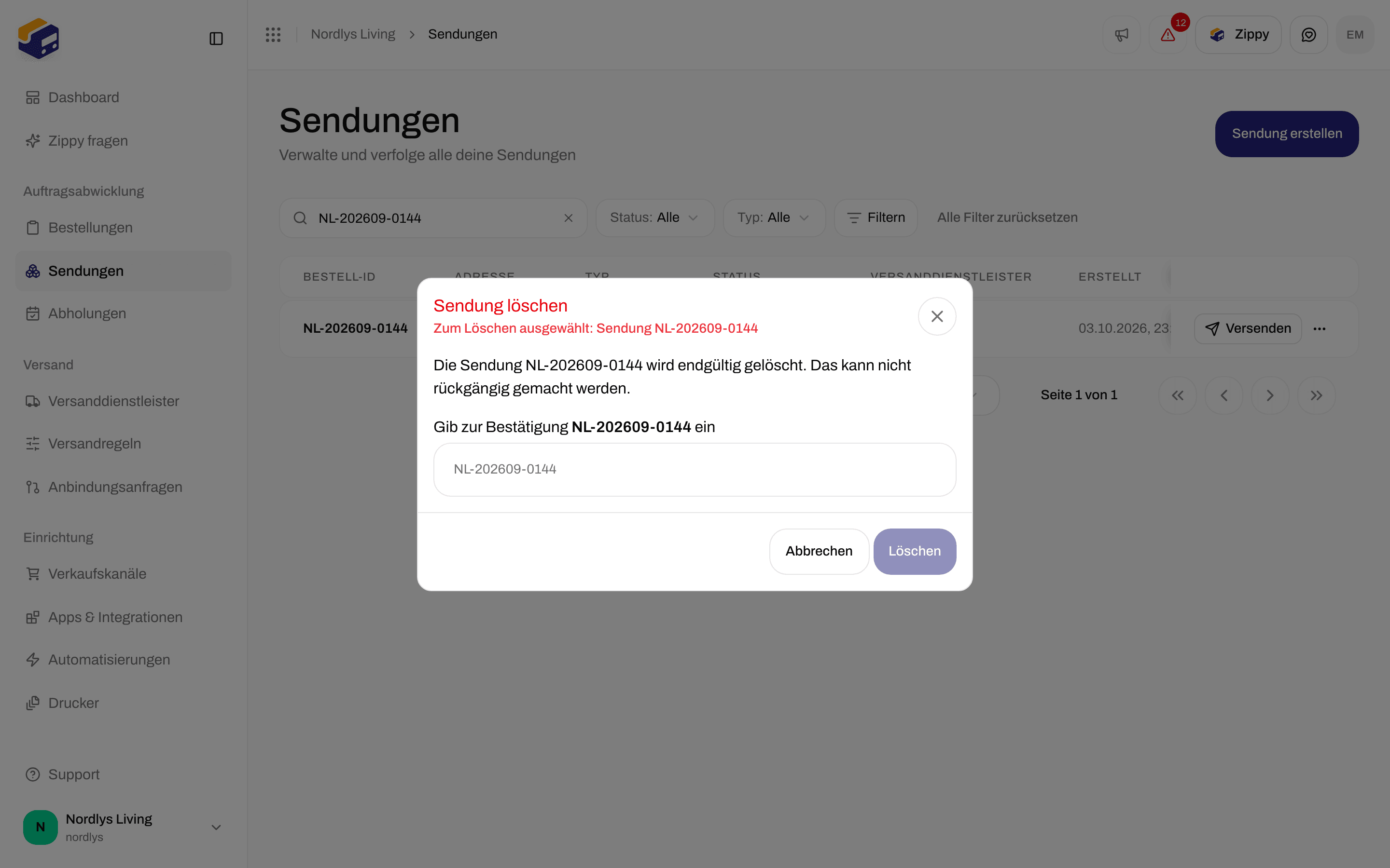 Bestätigung zum Löschen der Sendung mit der Aufforderung, die Referenz der Sendung einzugeben