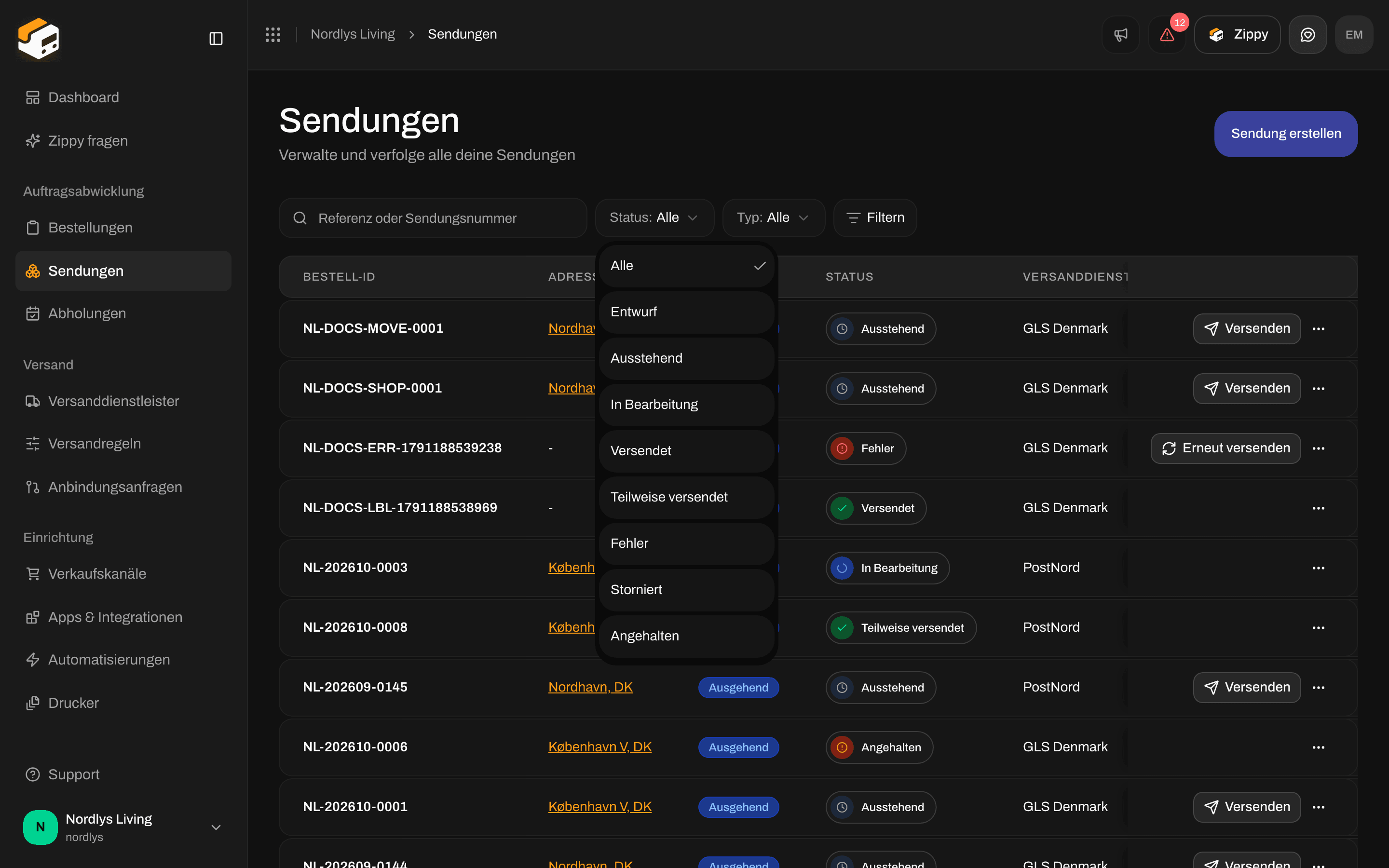 Filter mit den Status-Optionen, darunter Storniert und Angehalten
