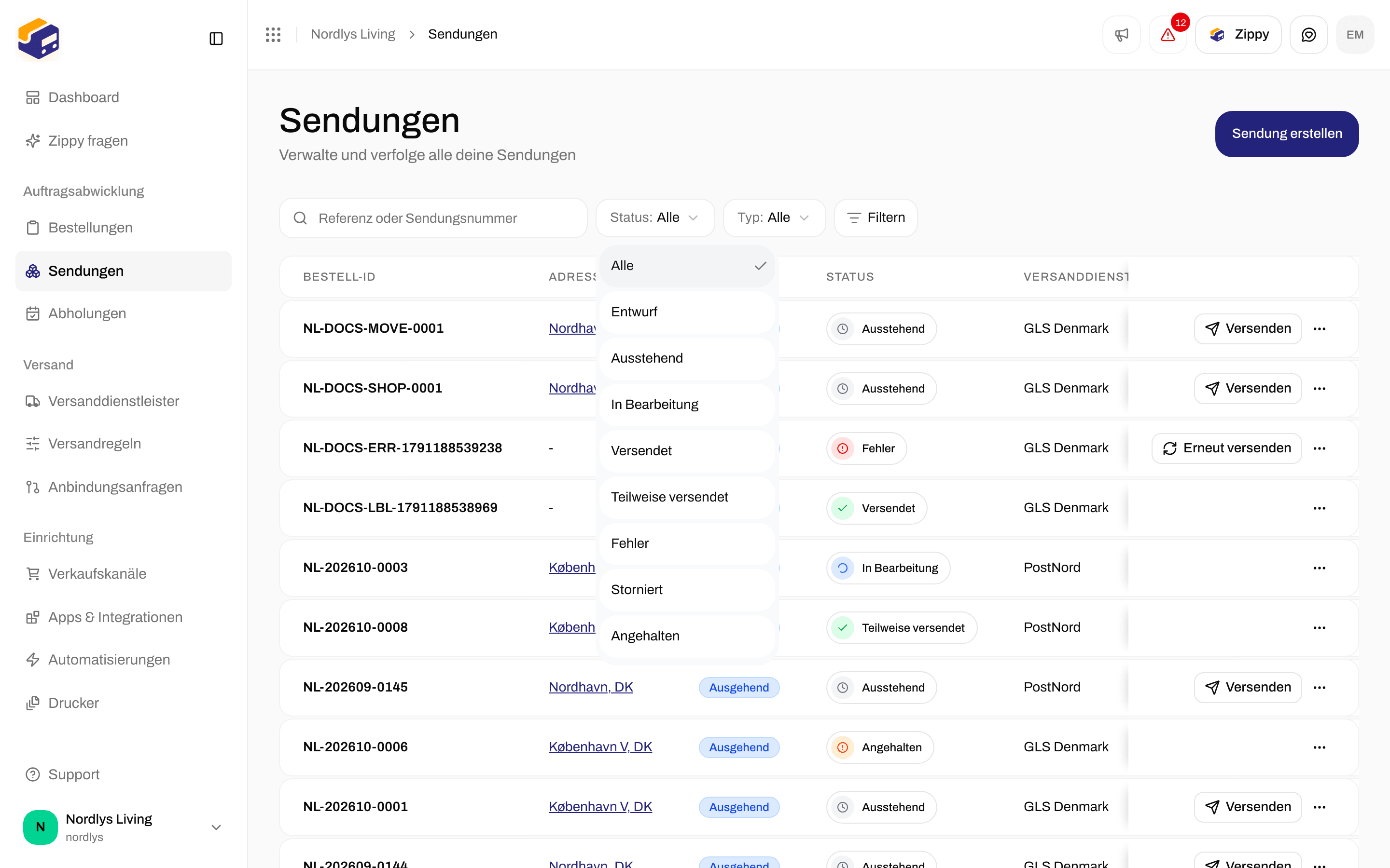 Filter mit den Status-Optionen, darunter Storniert und Angehalten