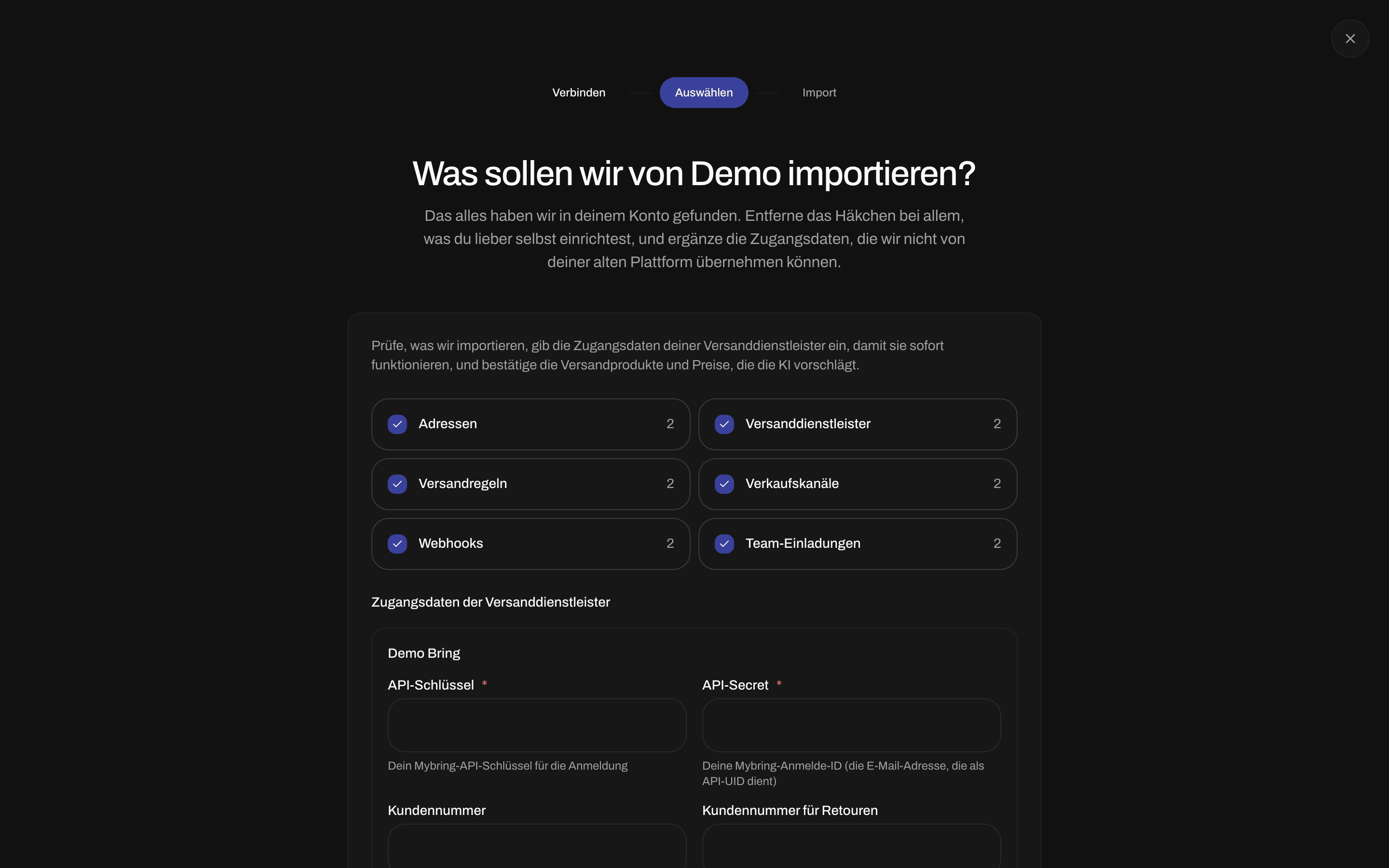 Importprüfung mit Kontrollkästchen für Adressen, Versanddienstleister, Versandregeln, Verkaufskanäle, Webhooks und Team-Einladungen, gefolgt von Feldern für die Zugangsdaten der Versanddienstleister
