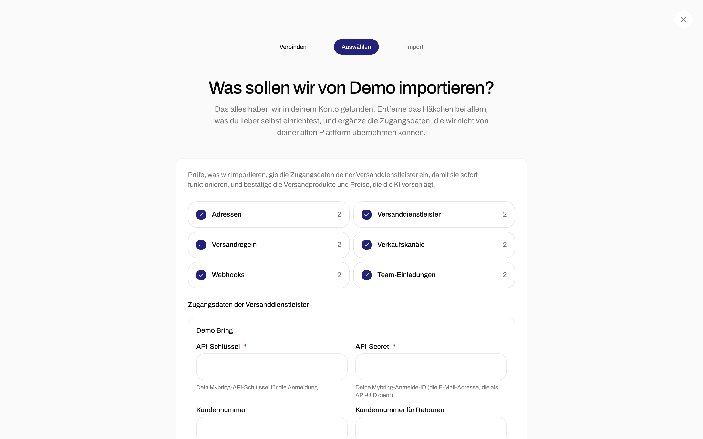 Importprüfung mit Kontrollkästchen für Adressen, Versanddienstleister, Versandregeln, Verkaufskanäle, Webhooks und Team-Einladungen, gefolgt von Feldern für die Zugangsdaten der Versanddienstleister