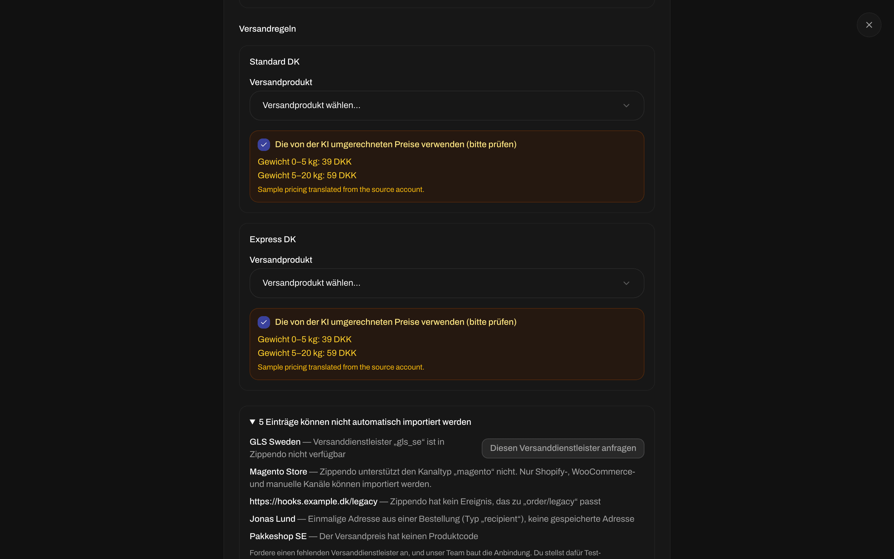 Liste der Einträge, die nicht automatisch importiert werden können, mit der Schaltfläche Diesen Versanddienstleister anfragen
