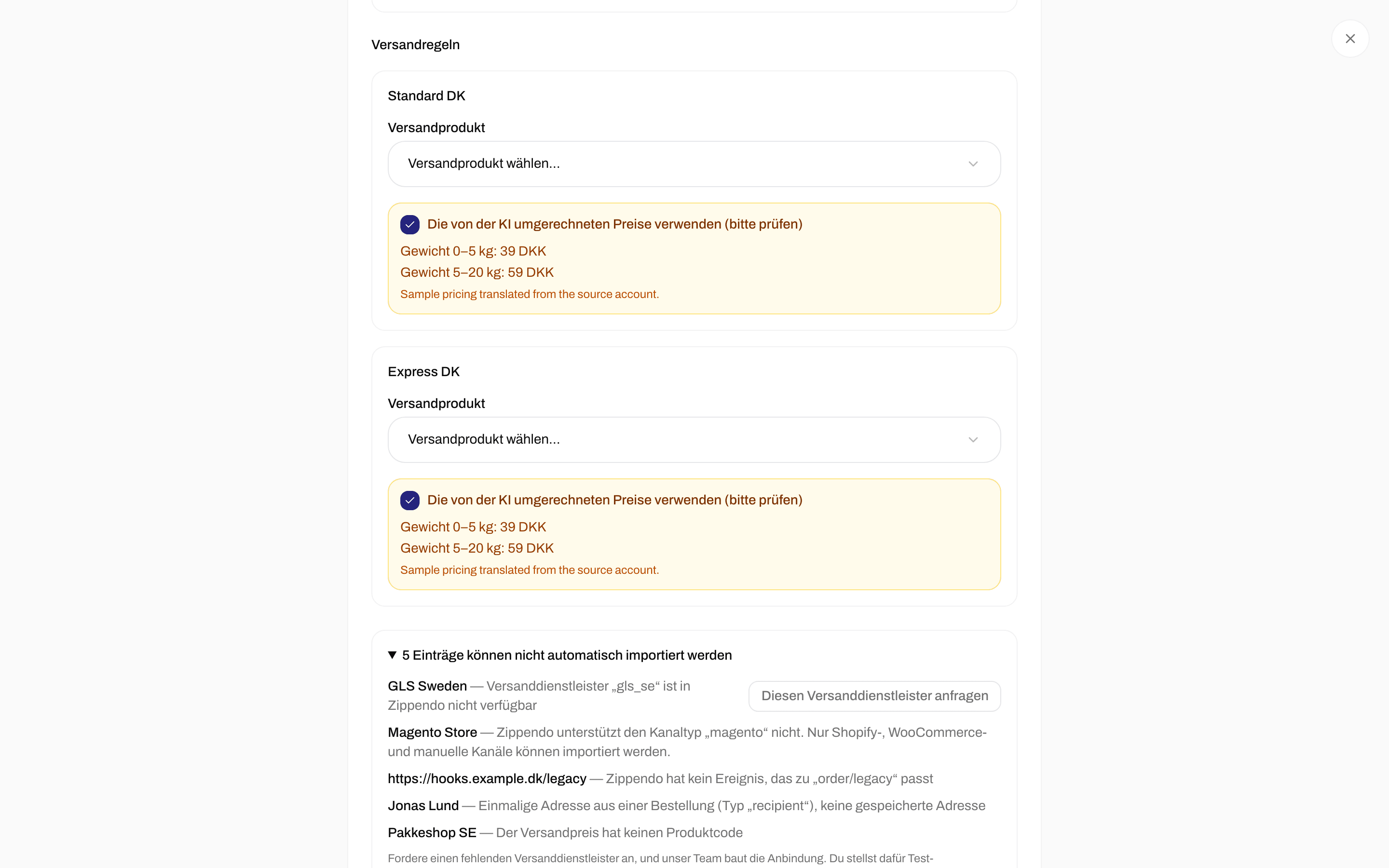 Liste der Einträge, die nicht automatisch importiert werden können, mit der Schaltfläche Diesen Versanddienstleister anfragen