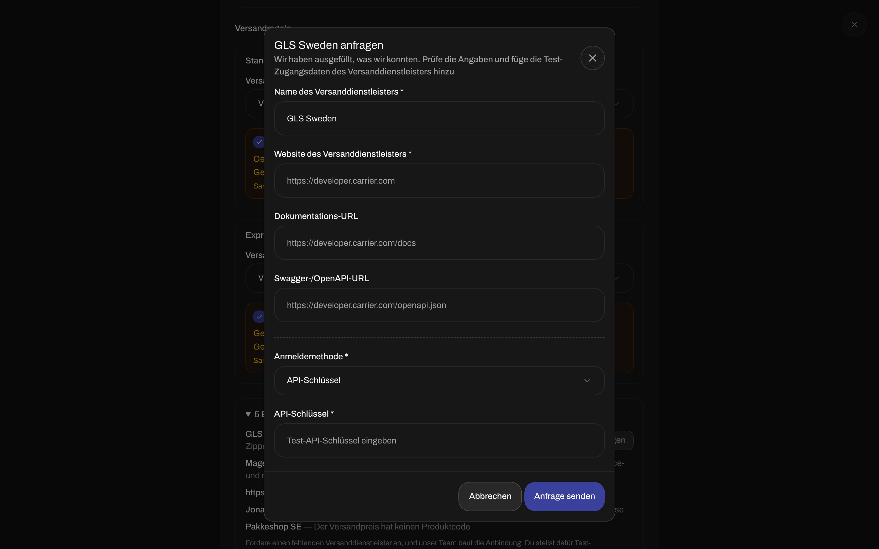 Fenster Versanddienstleister anfragen mit Name des Versanddienstleisters, Website des Versanddienstleisters, Dokumentations-URL, Anmeldemethode und Anfrage senden