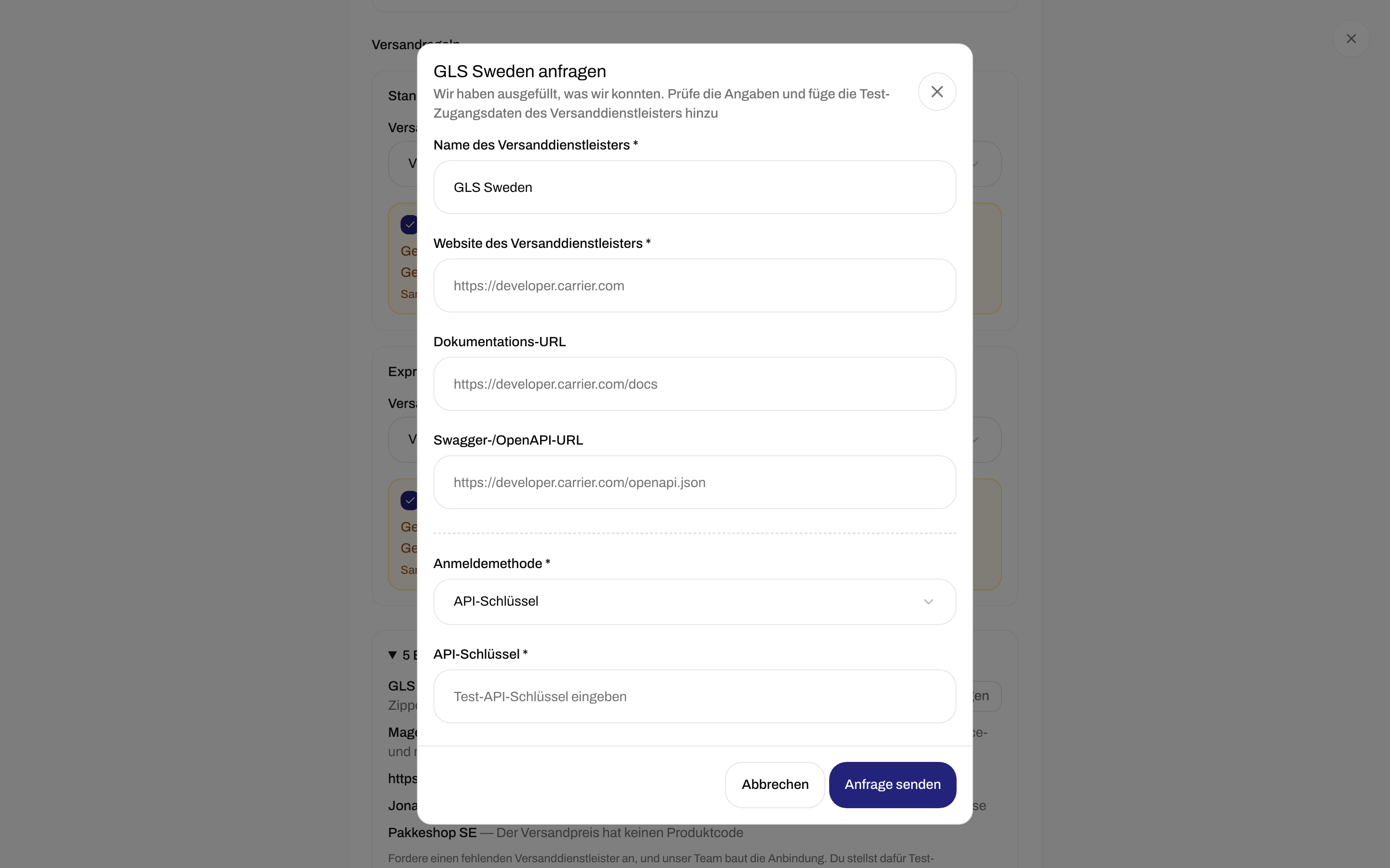 Fenster Versanddienstleister anfragen mit Name des Versanddienstleisters, Website des Versanddienstleisters, Dokumentations-URL, Anmeldemethode und Anfrage senden