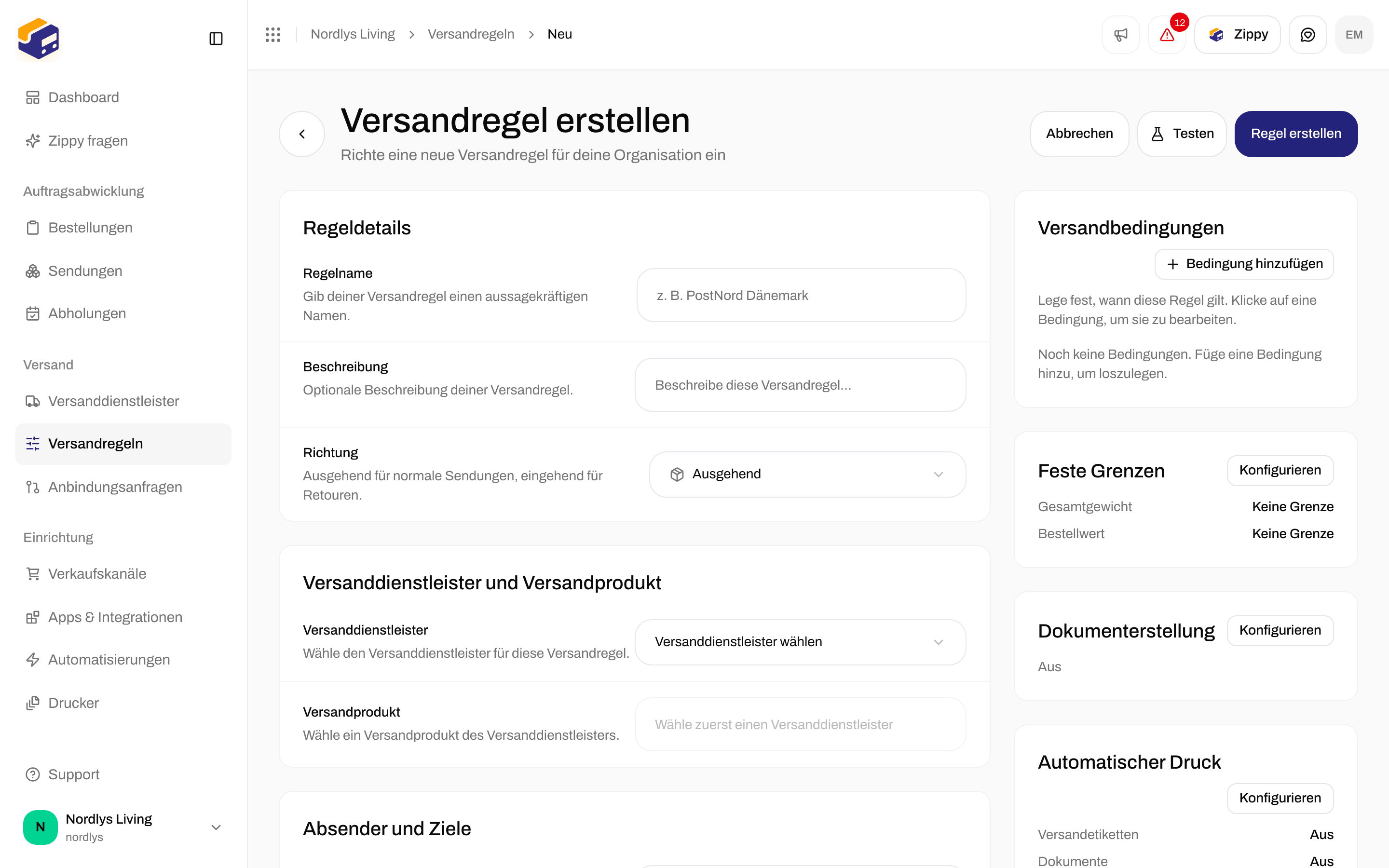 Versandregel erstellen mit dem Feld Richtung: ausgehend für normale Sendungen, eingehend für Retouren