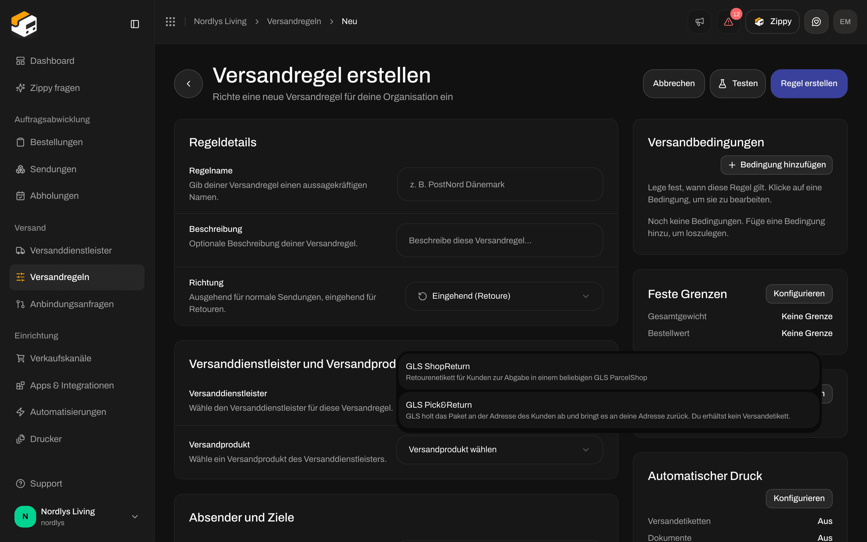 Liste der Versandprodukte mit GLS ShopReturn und GLS Pick&Return für eine Retourenregel