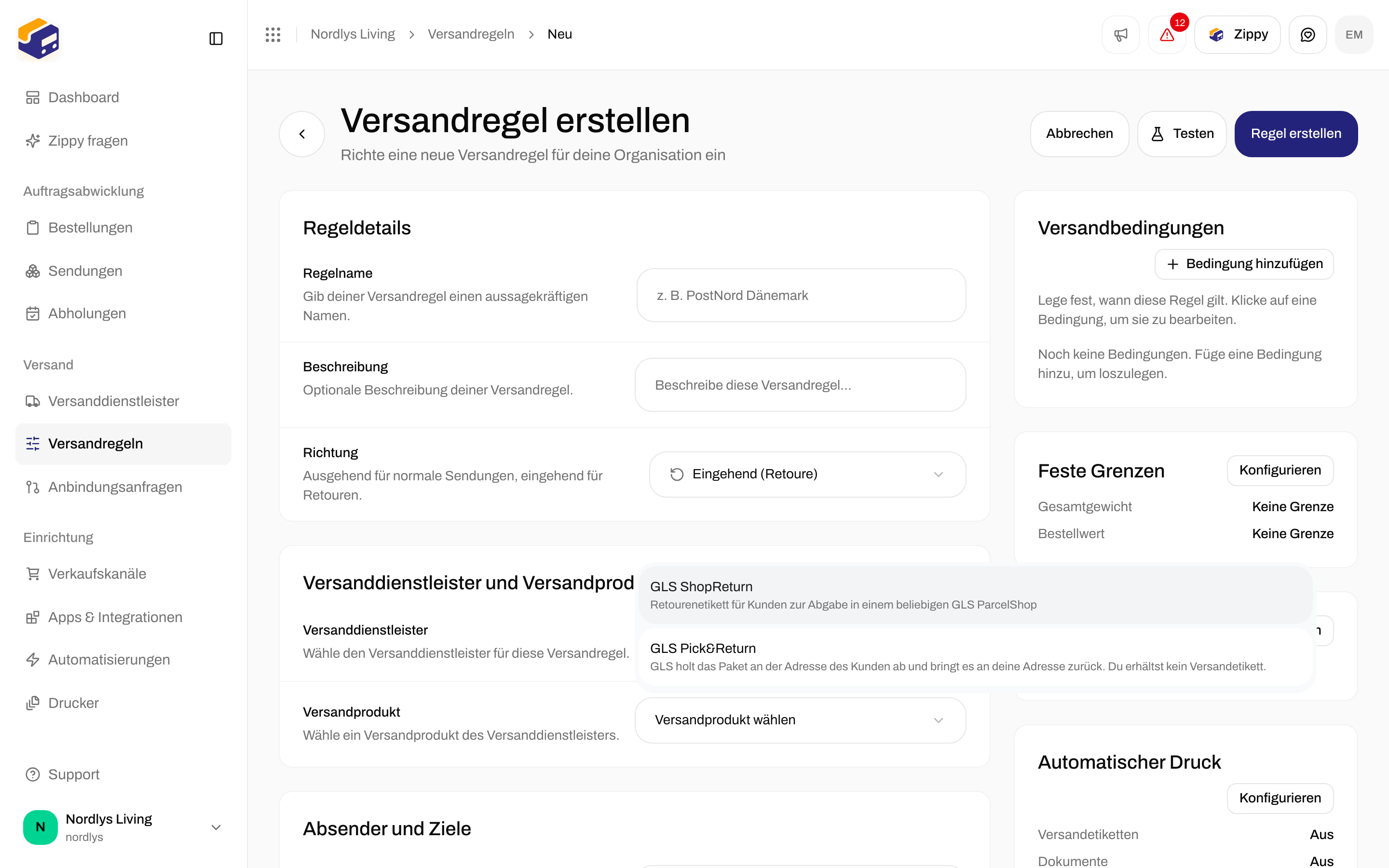 Liste der Versandprodukte mit GLS ShopReturn und GLS Pick&Return für eine Retourenregel