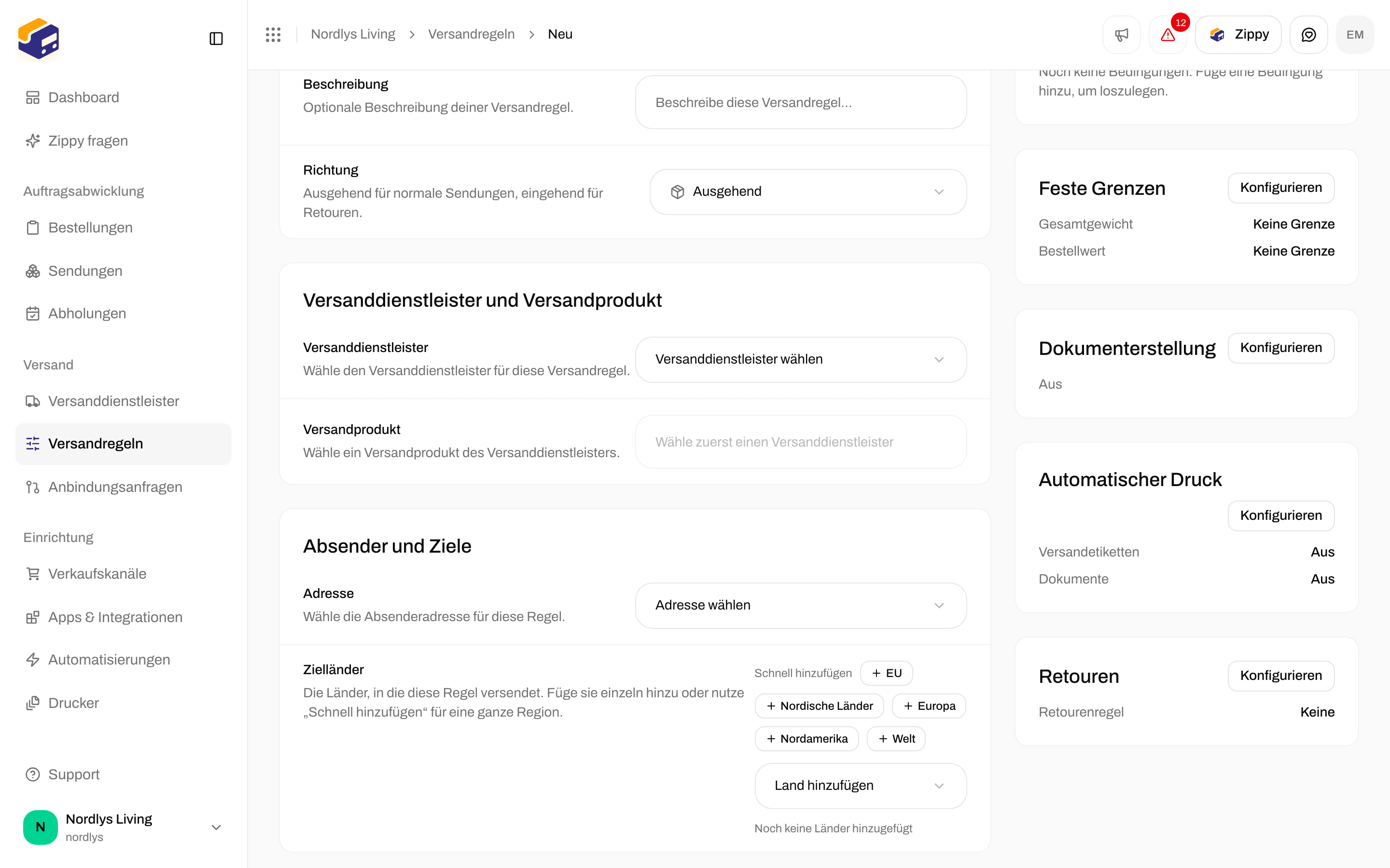 Bereich Retouren mit Versandregel für Retouren auf Keine