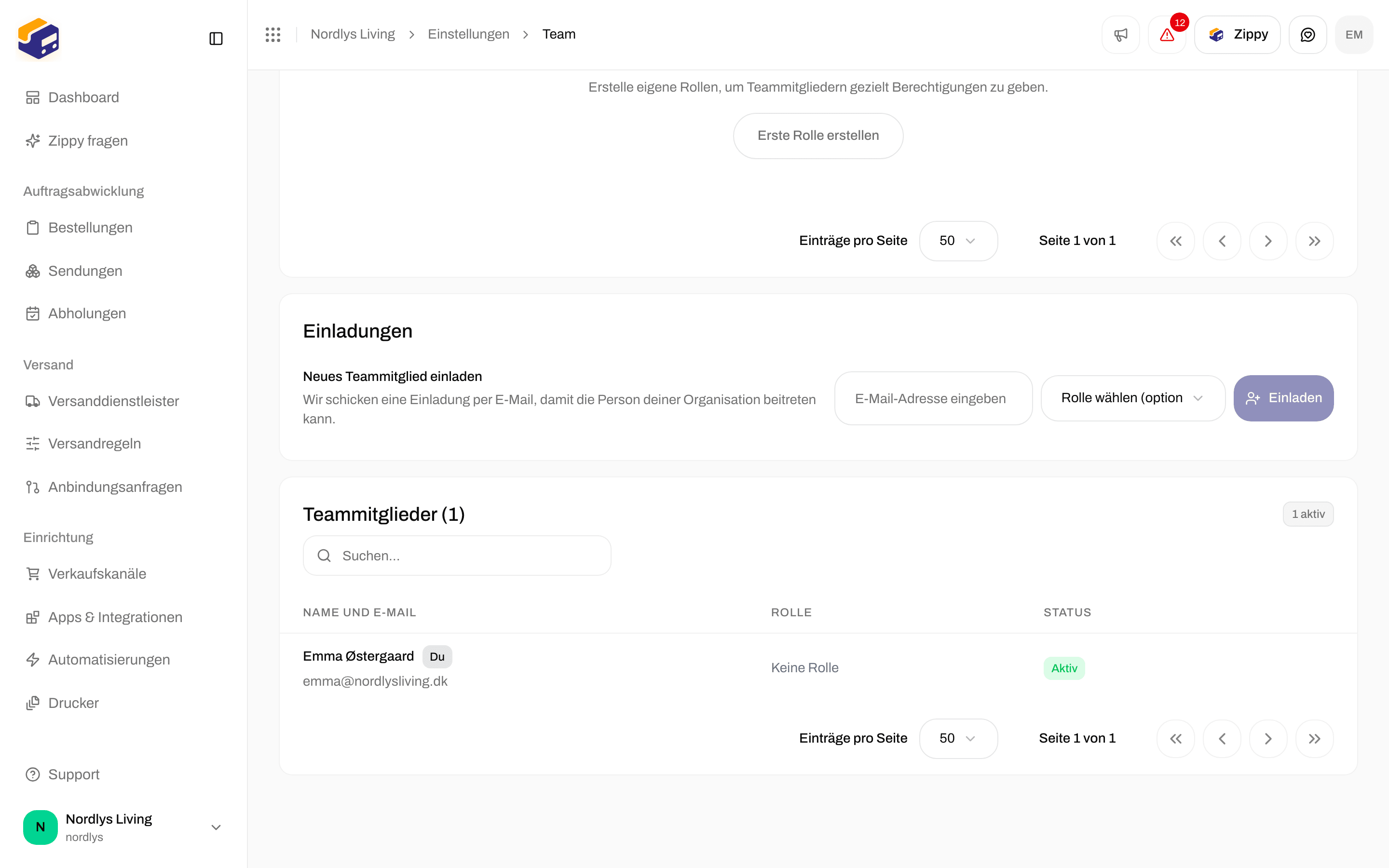 Zeile Neues Teammitglied einladen mit einem E-Mail-Feld, Rolle wählen (optional) und Einladen