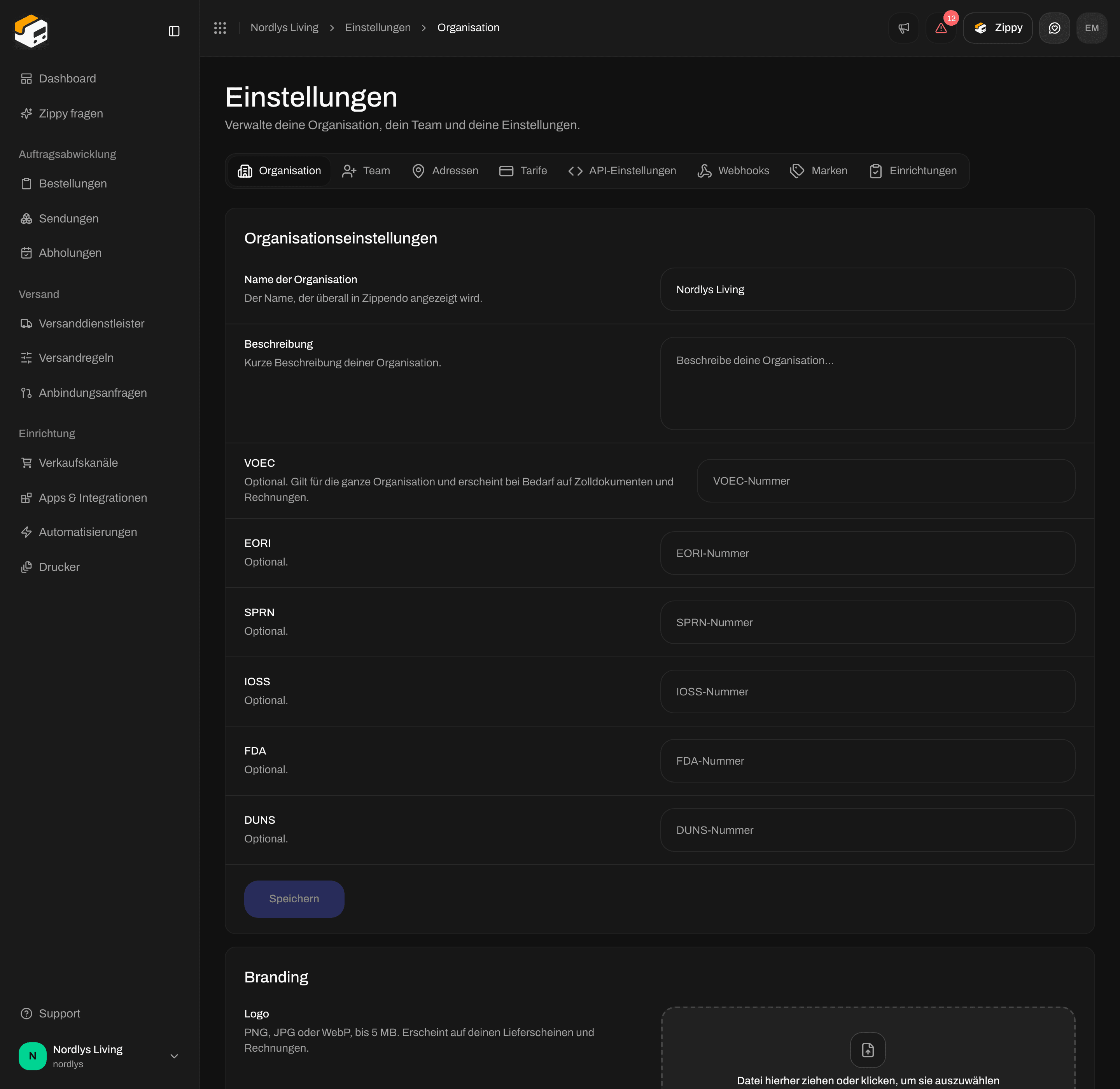 Organisationseinstellungen mit Name der Organisation, Beschreibung, VOEC, EORI, SPRN und IOSS