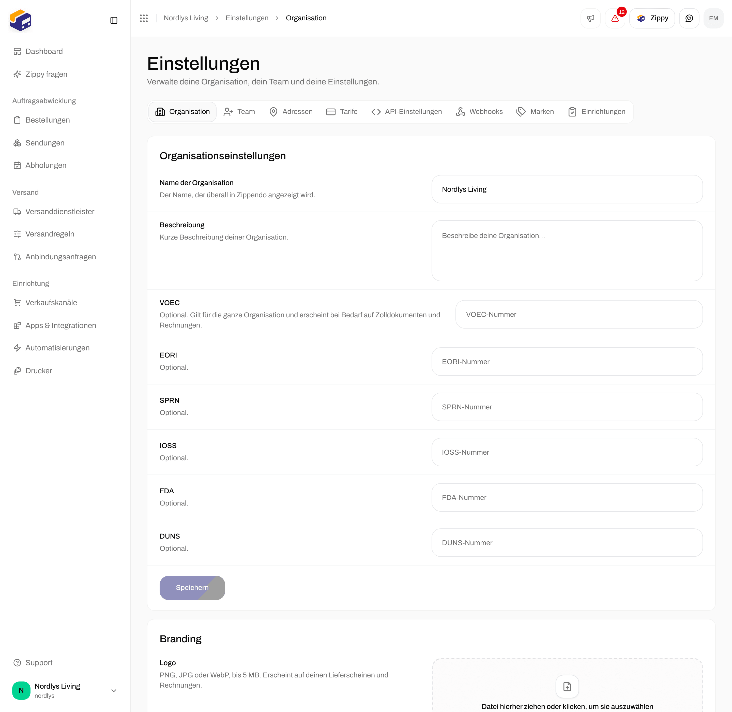 Organisationseinstellungen mit den Zollfeldern VOEC bis DUNS und Speichern