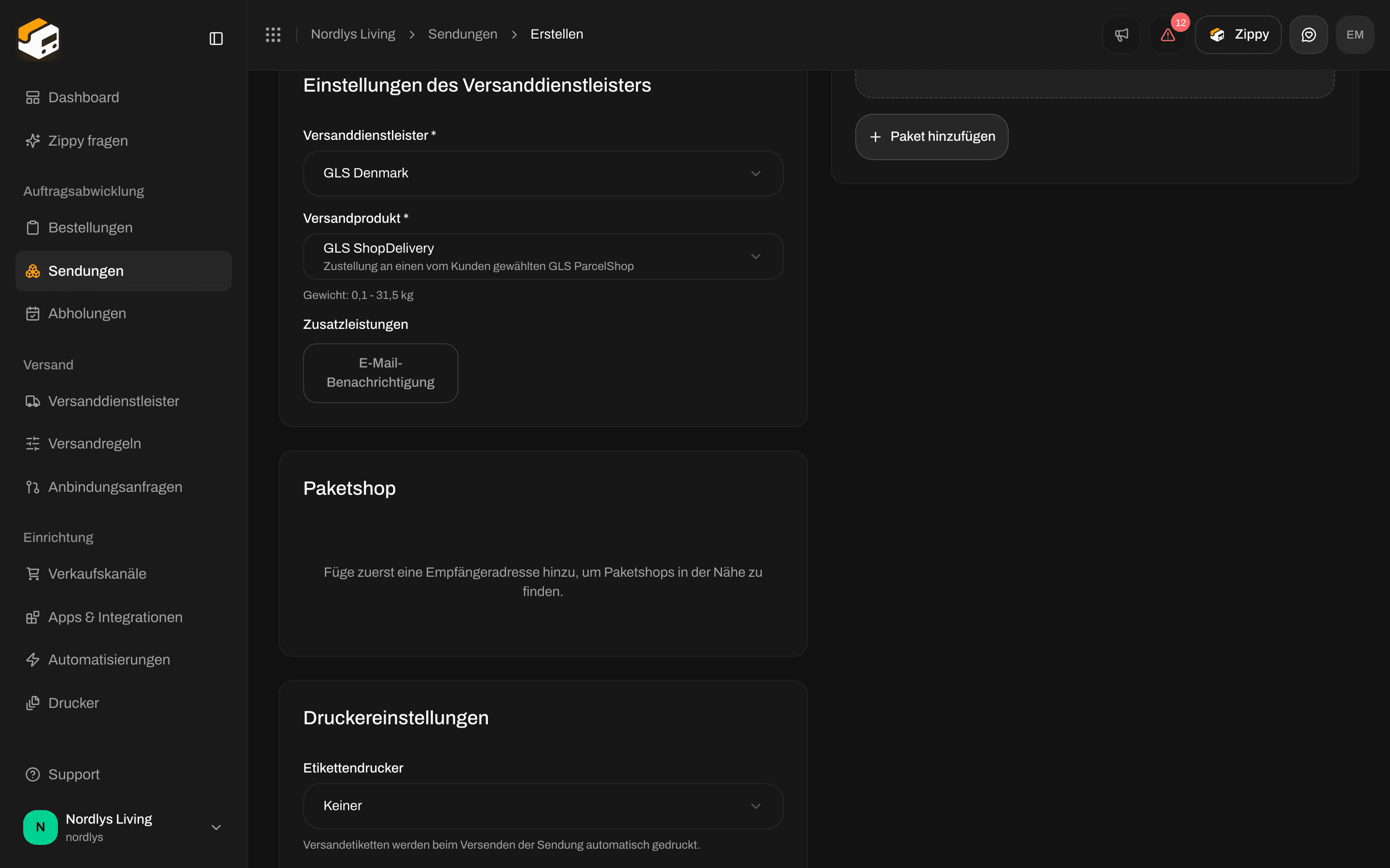 Sendung erstellen mit ausgewähltem GLS ShopDelivery und der Karte „Paketshop“, die zuerst nach einer Empfängeradresse fragt