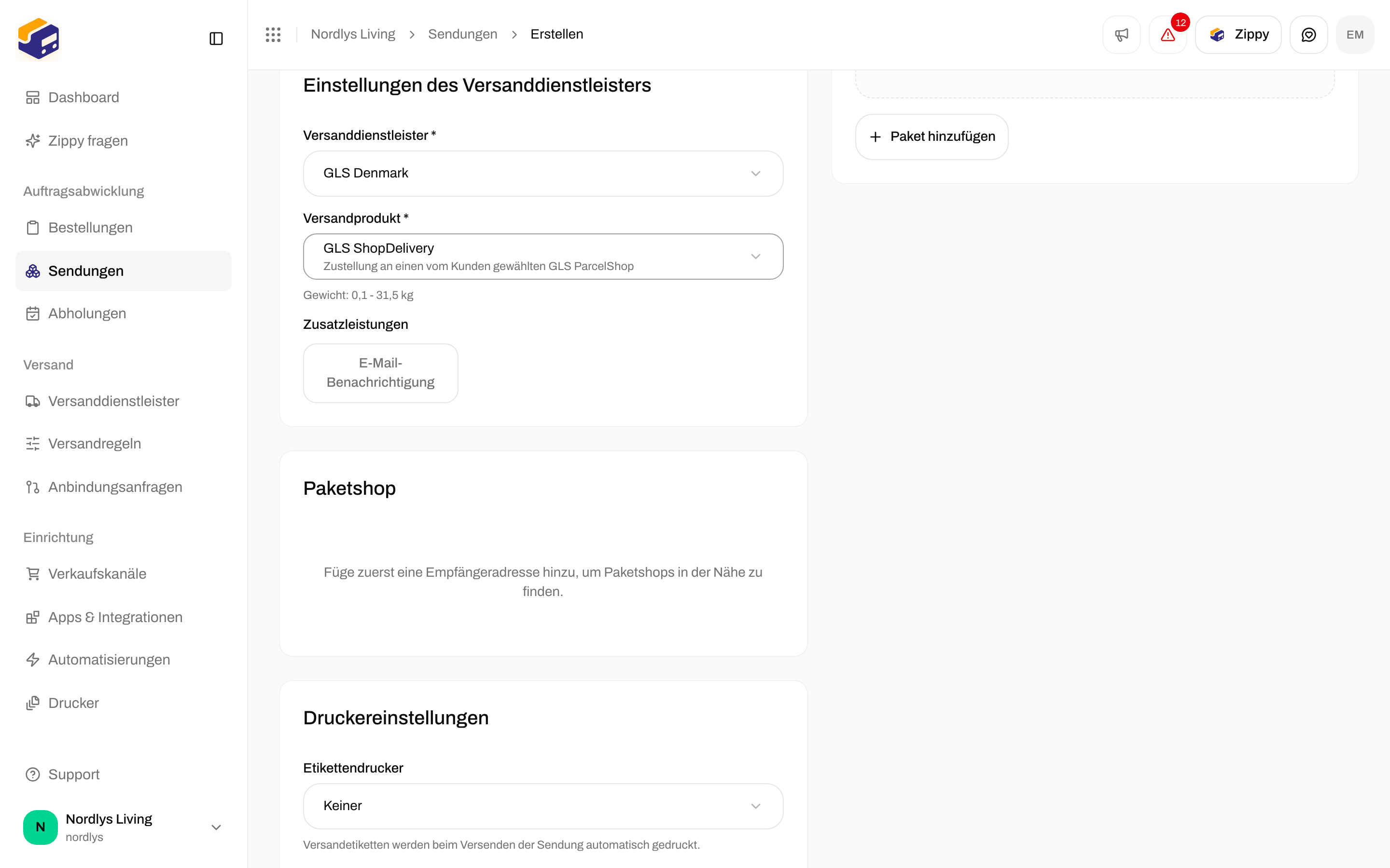 Sendung erstellen mit ausgewähltem GLS ShopDelivery und der Karte „Paketshop“, die zuerst nach einer Empfängeradresse fragt