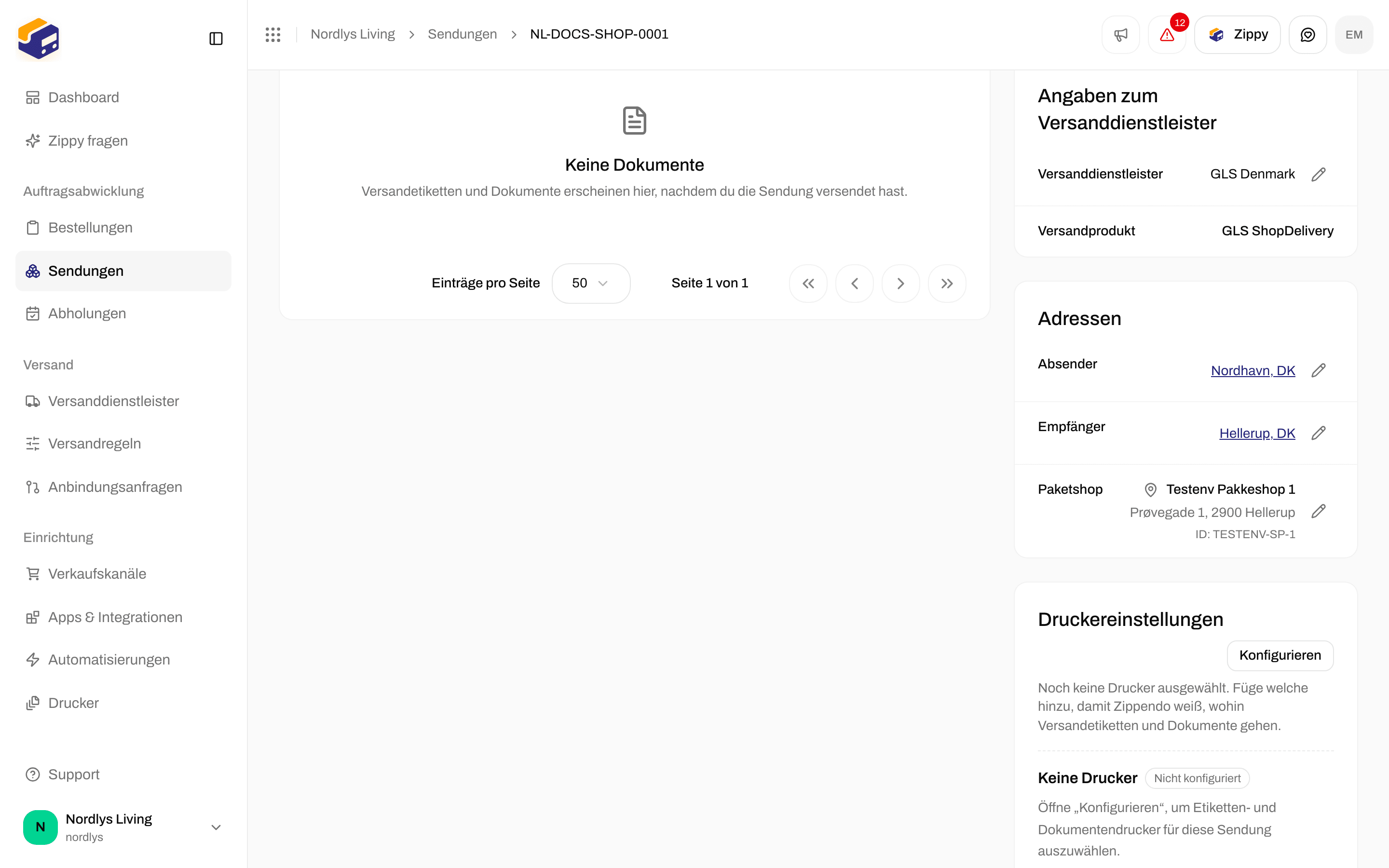 Bereich „Adressen“ einer Sendung mit Absender, Empfänger und Paketshop sowie einem Stift zum Bearbeiten