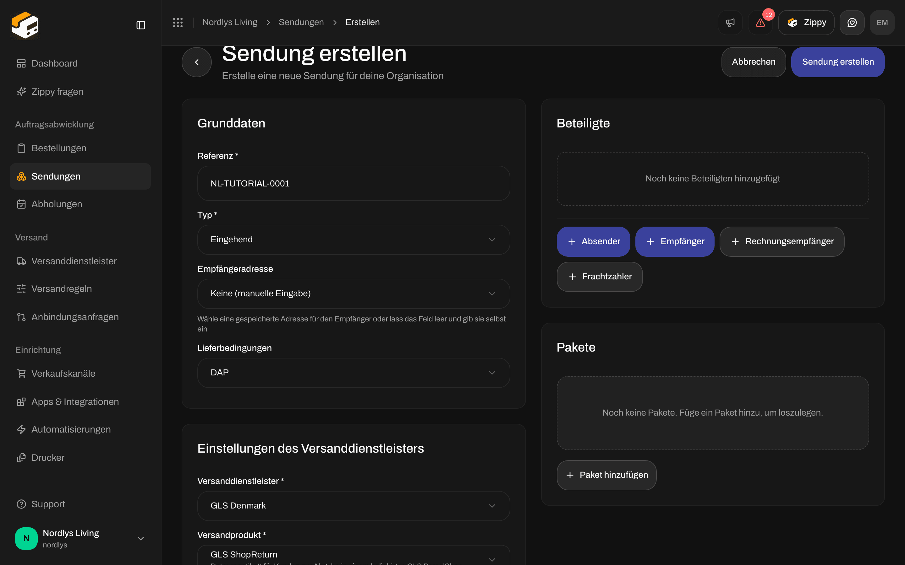 Sendung erstellen mit Typ Eingehend und ausgewähltem GLS ShopReturn, mit Einstellungen des Versanddienstleisters und ohne Karte „Paketshop“