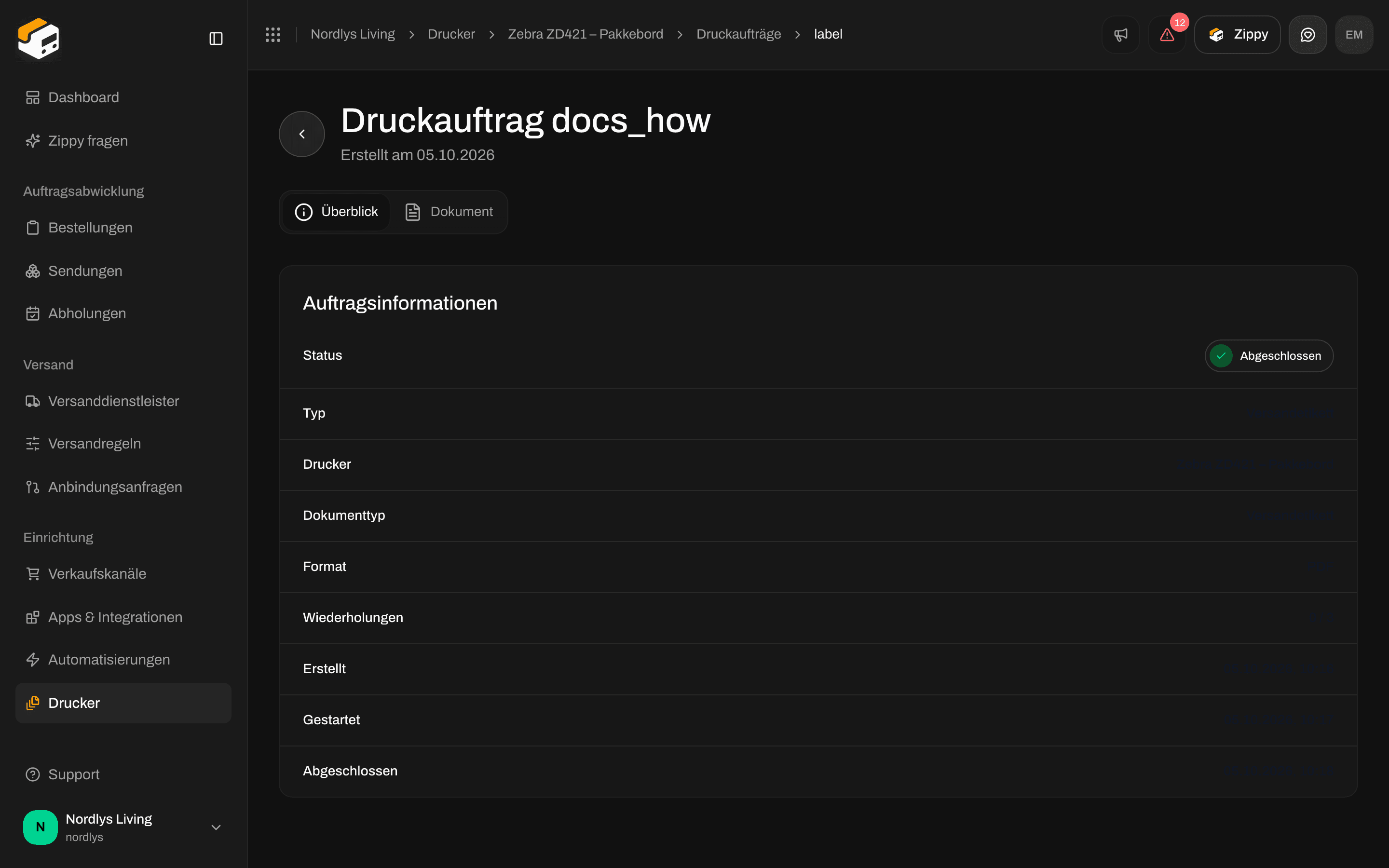 Seite eines Druckauftrags mit Überblick und Auftragsinformationen: Status, Typ, Drucker und Format