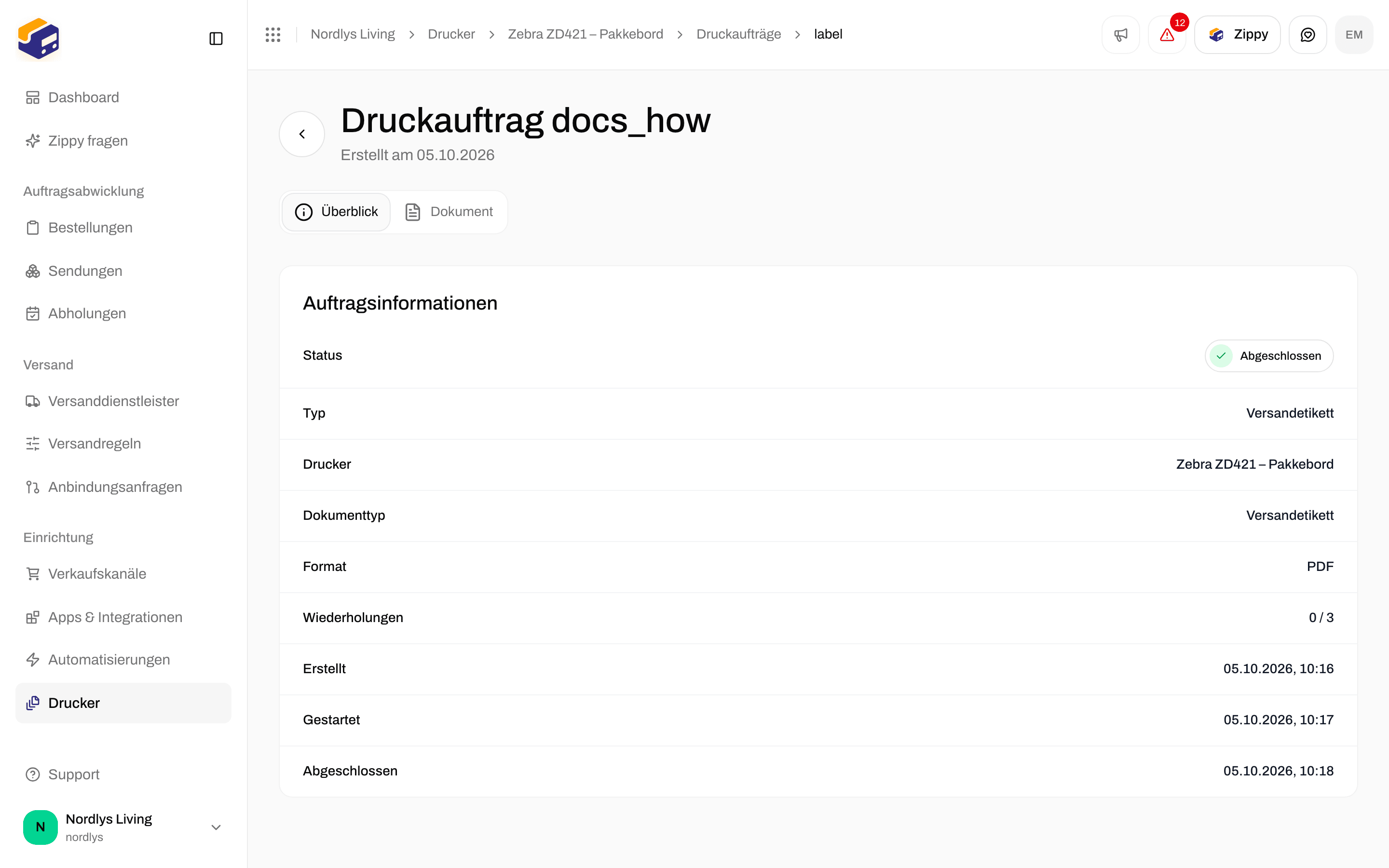 Seite eines Druckauftrags mit Überblick und Auftragsinformationen: Status, Typ, Drucker und Format