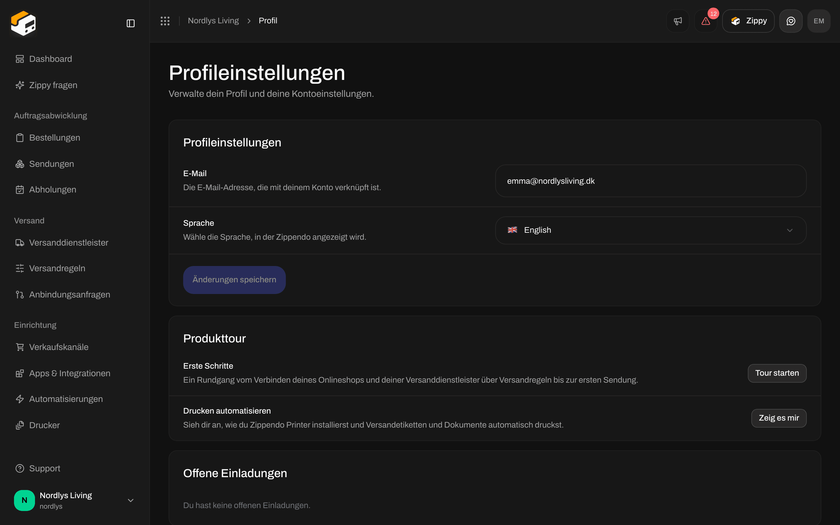 Profileinstellungen mit E-Mail, Sprache und Änderungen speichern
