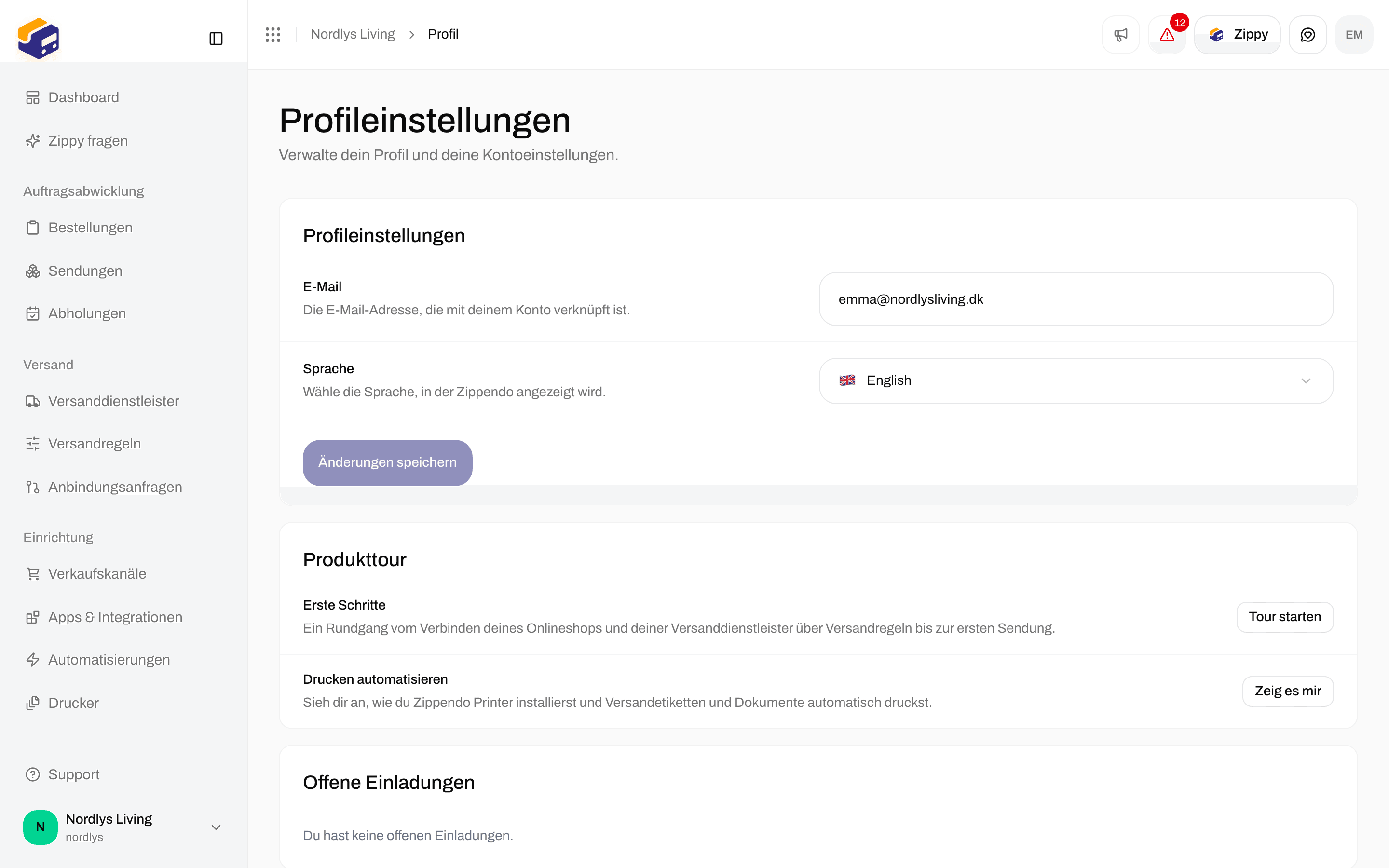 Profileinstellungen mit E-Mail, Sprache und Änderungen speichern