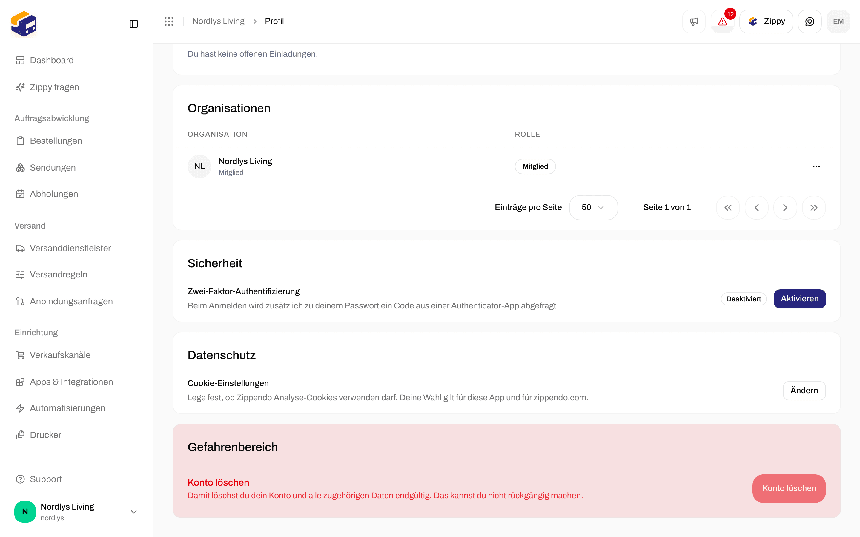 Bereich Sicherheit mit dem Status der Zwei-Faktor-Authentifizierung und Aktivieren