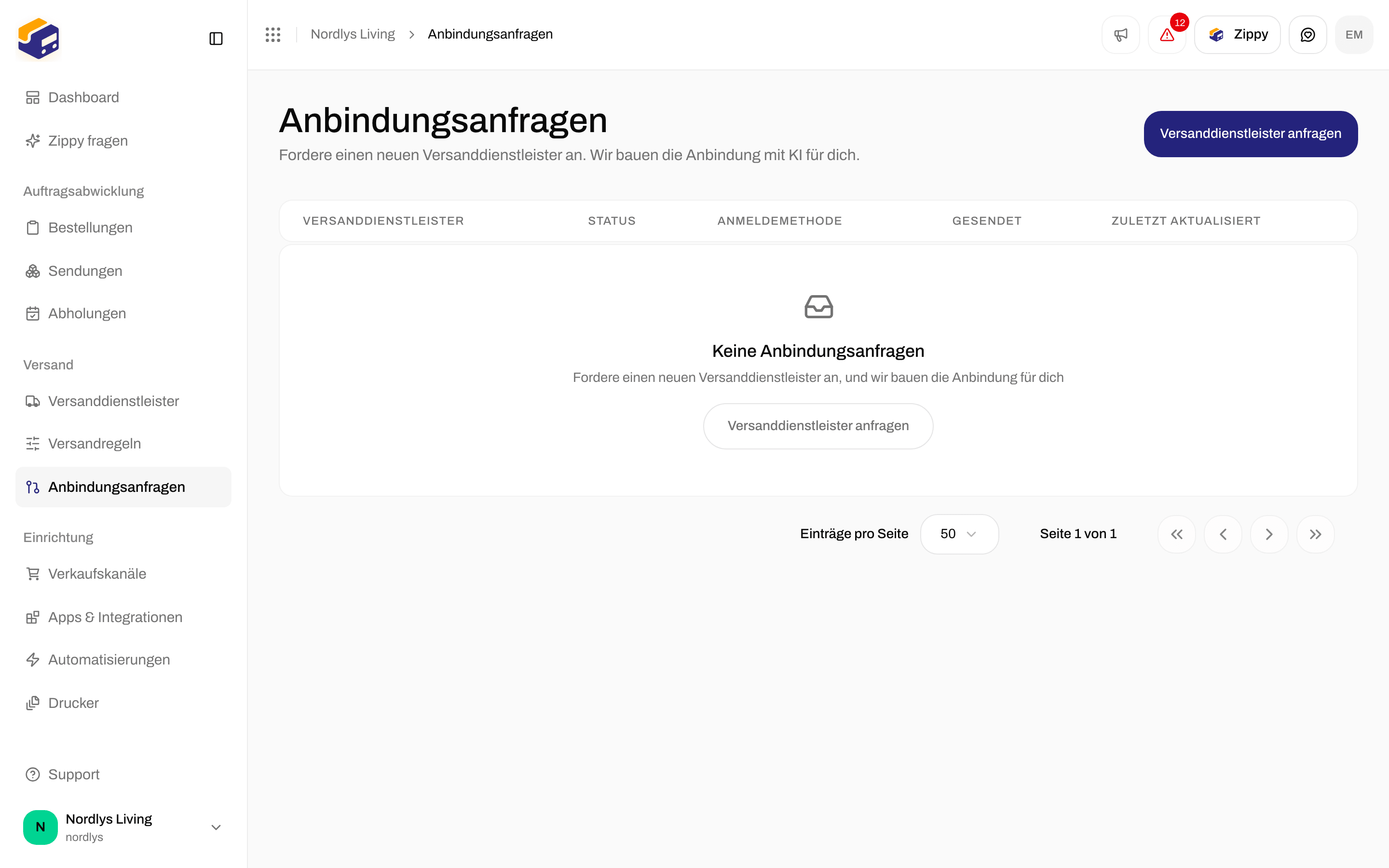 Seite „Anbindungsanfragen“ ohne Anfragen und mit der Schaltfläche „Versanddienstleister anfragen“