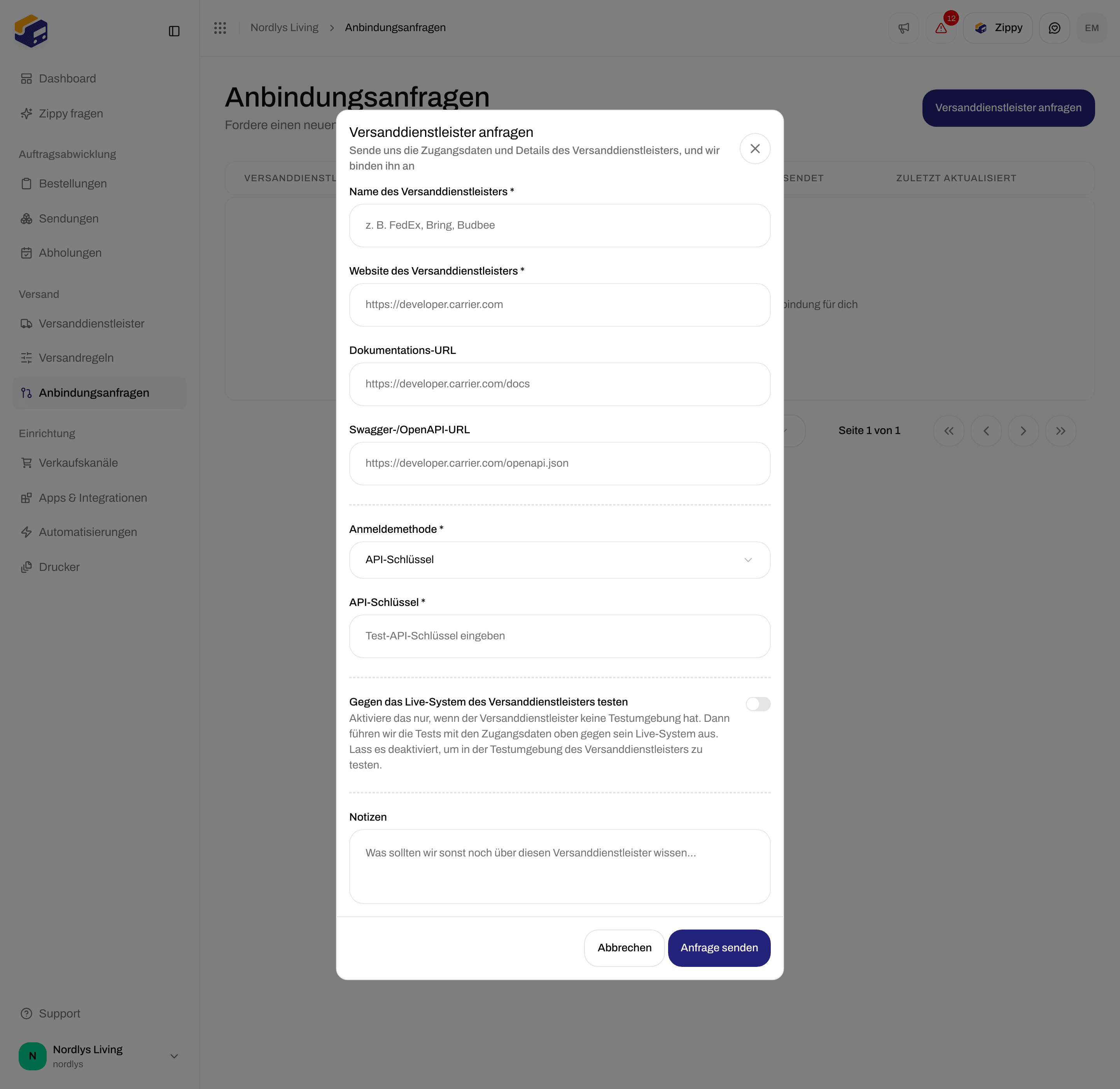 Fenster „Versanddienstleister anfragen“ mit Name, Website, Links zur Dokumentation und dem Feld „API-Schlüssel“