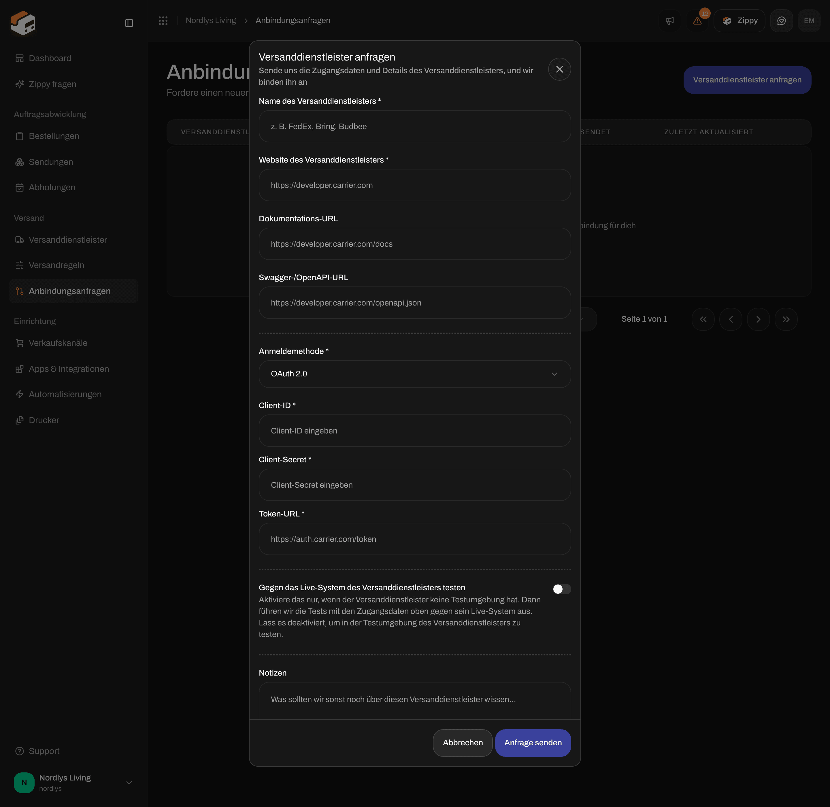 Fenster „Versanddienstleister anfragen“ mit der Anmeldemethode OAuth 2.0 und den Feldern Client-ID, Client-Secret und Token-URL