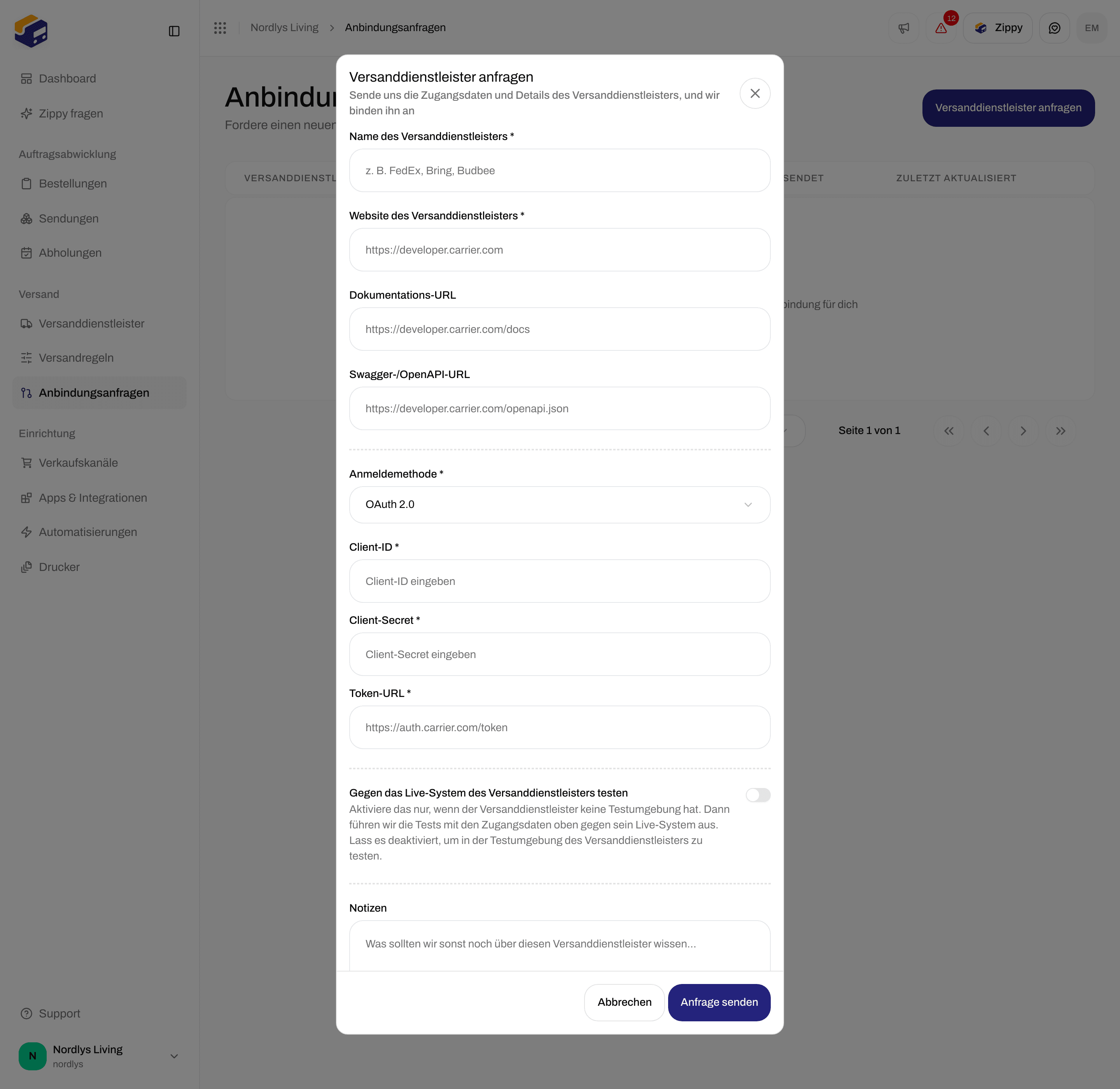 Fenster „Versanddienstleister anfragen“ mit der Anmeldemethode OAuth 2.0 und den Feldern Client-ID, Client-Secret und Token-URL