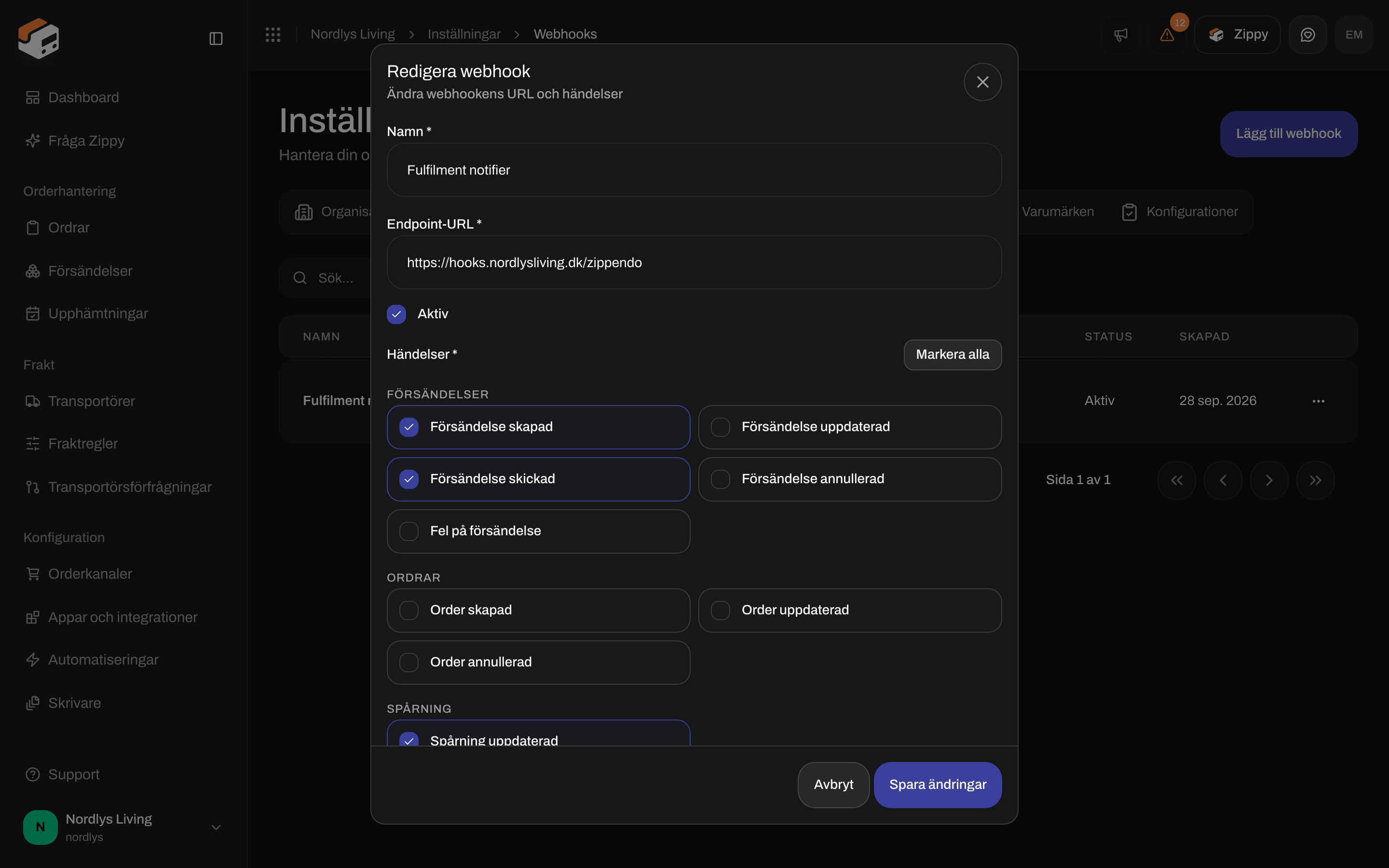 Fönstret Redigera webhook med Namn, Endpoint-URL, en kryssruta Aktiv och händelserna