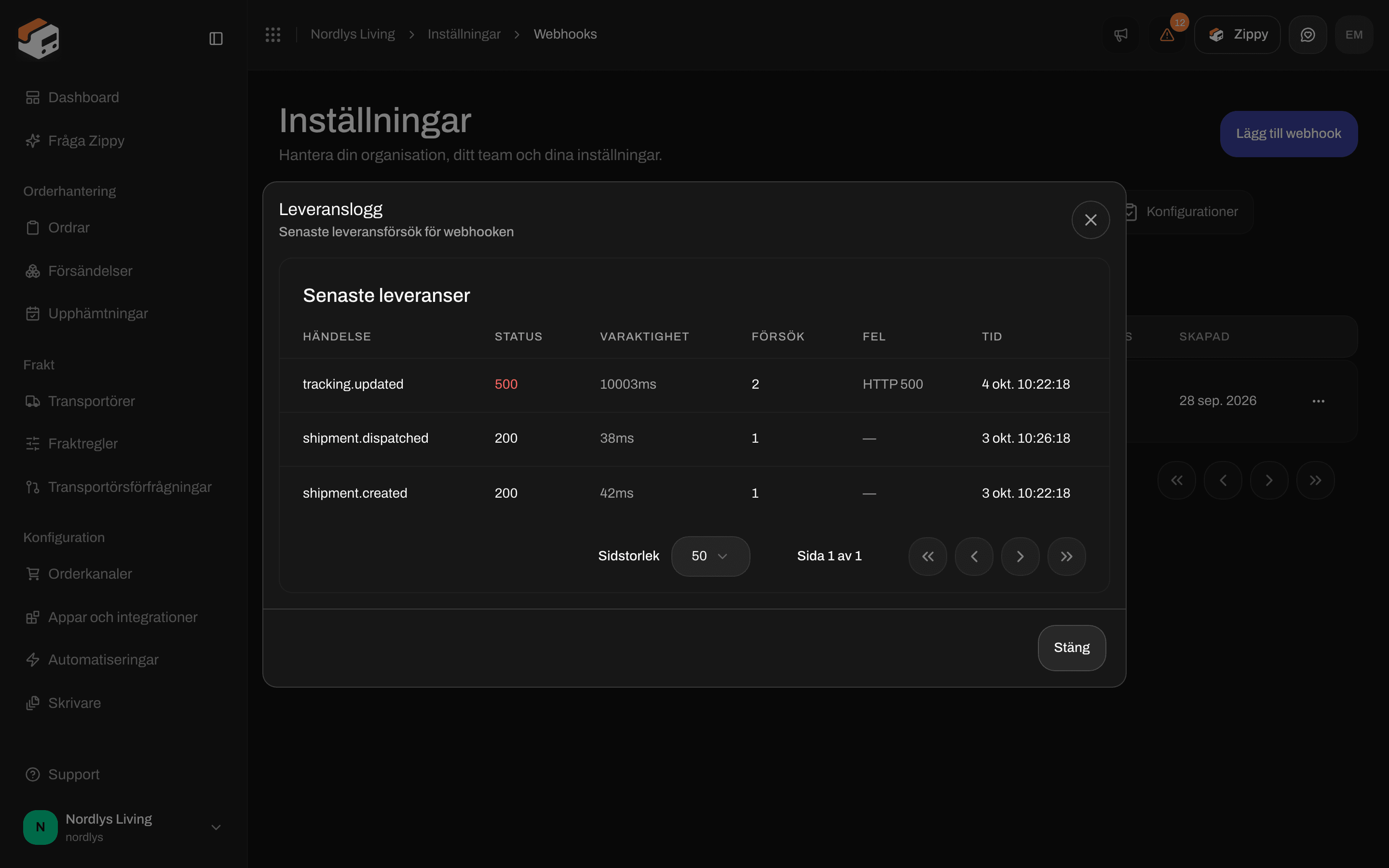 Leveransloggen med händelsenamn, svarsstatus, varaktighet, försök och tid