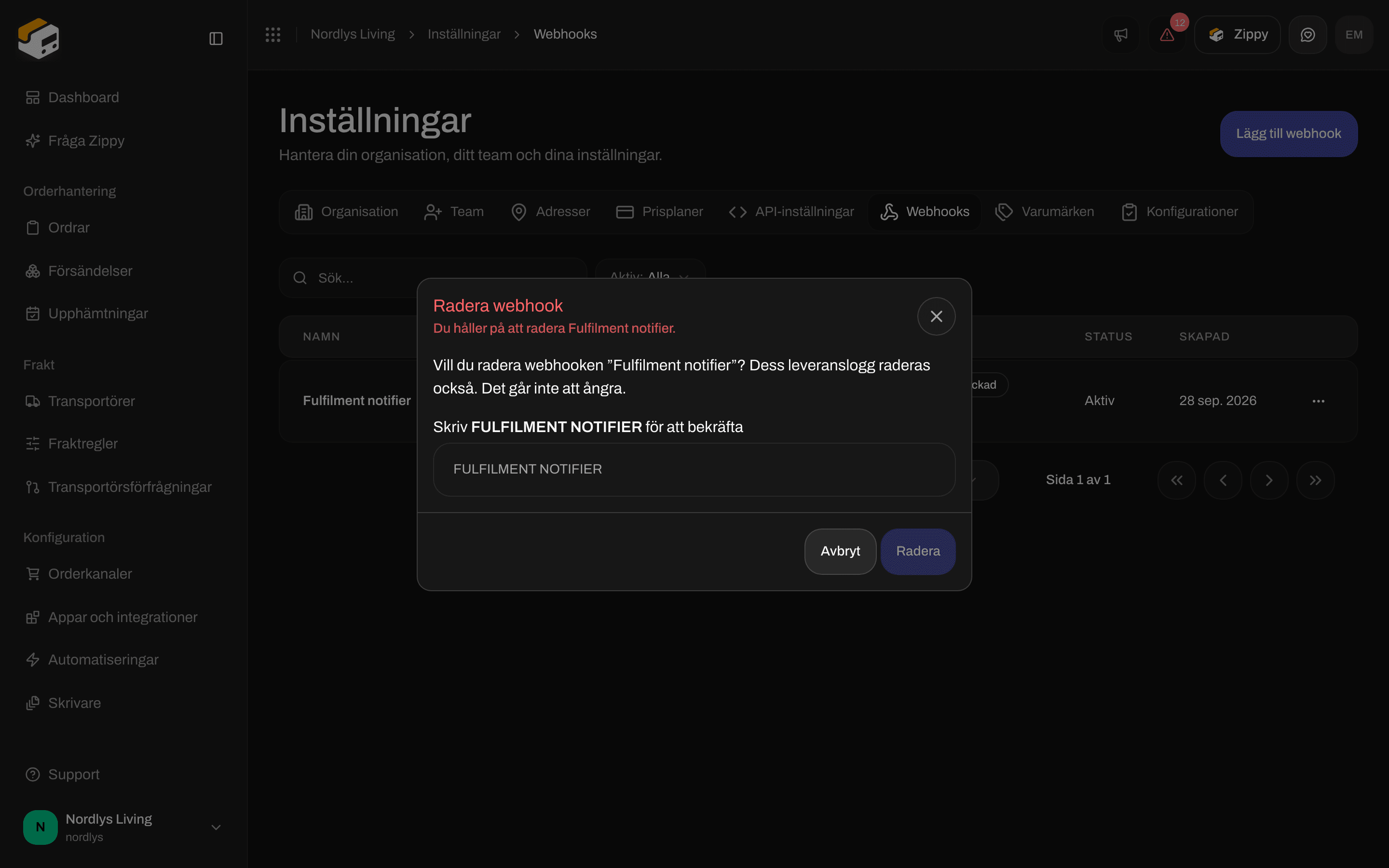 Fönstret Radera webhook med ett fält för att skriva namnet och bekräfta