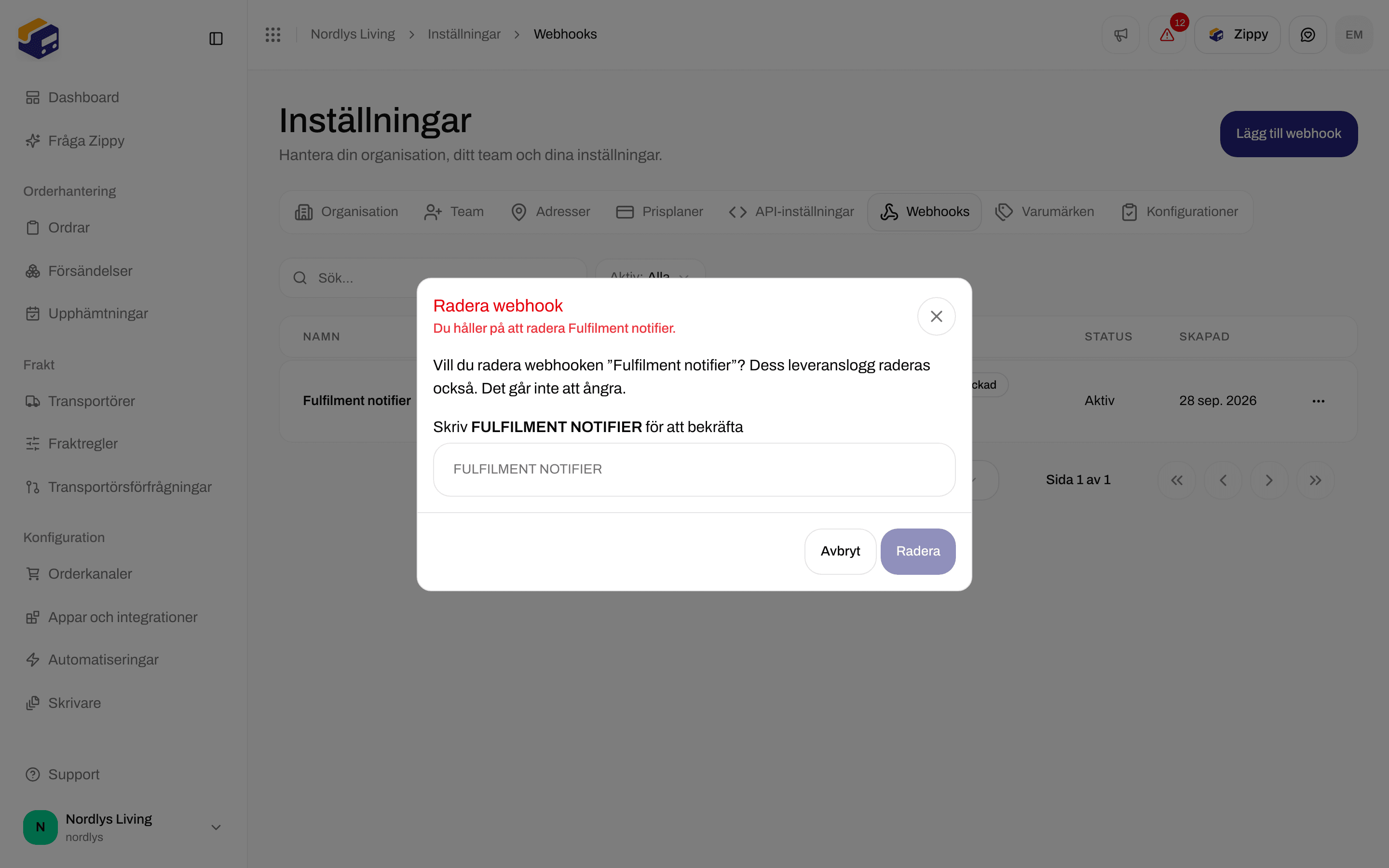 Fönstret Radera webhook med ett fält för att skriva namnet och bekräfta